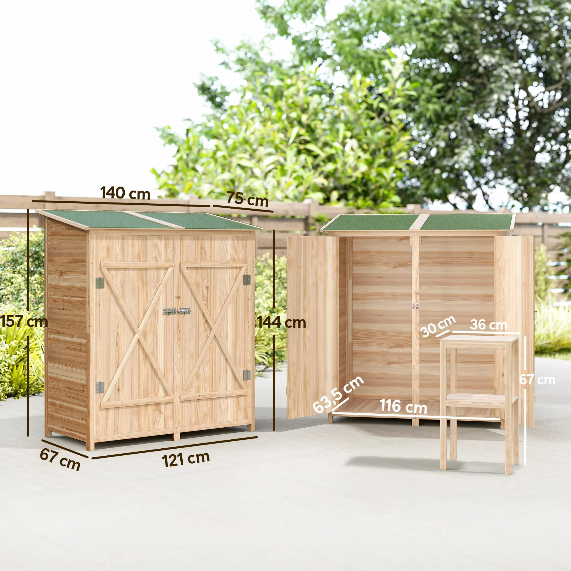 Outsunny Armoire de Jardin Cabane à Outils 2 Portes verrouillables Toit en Bitume imperméable Bois de Sapin 140x75x157 cm