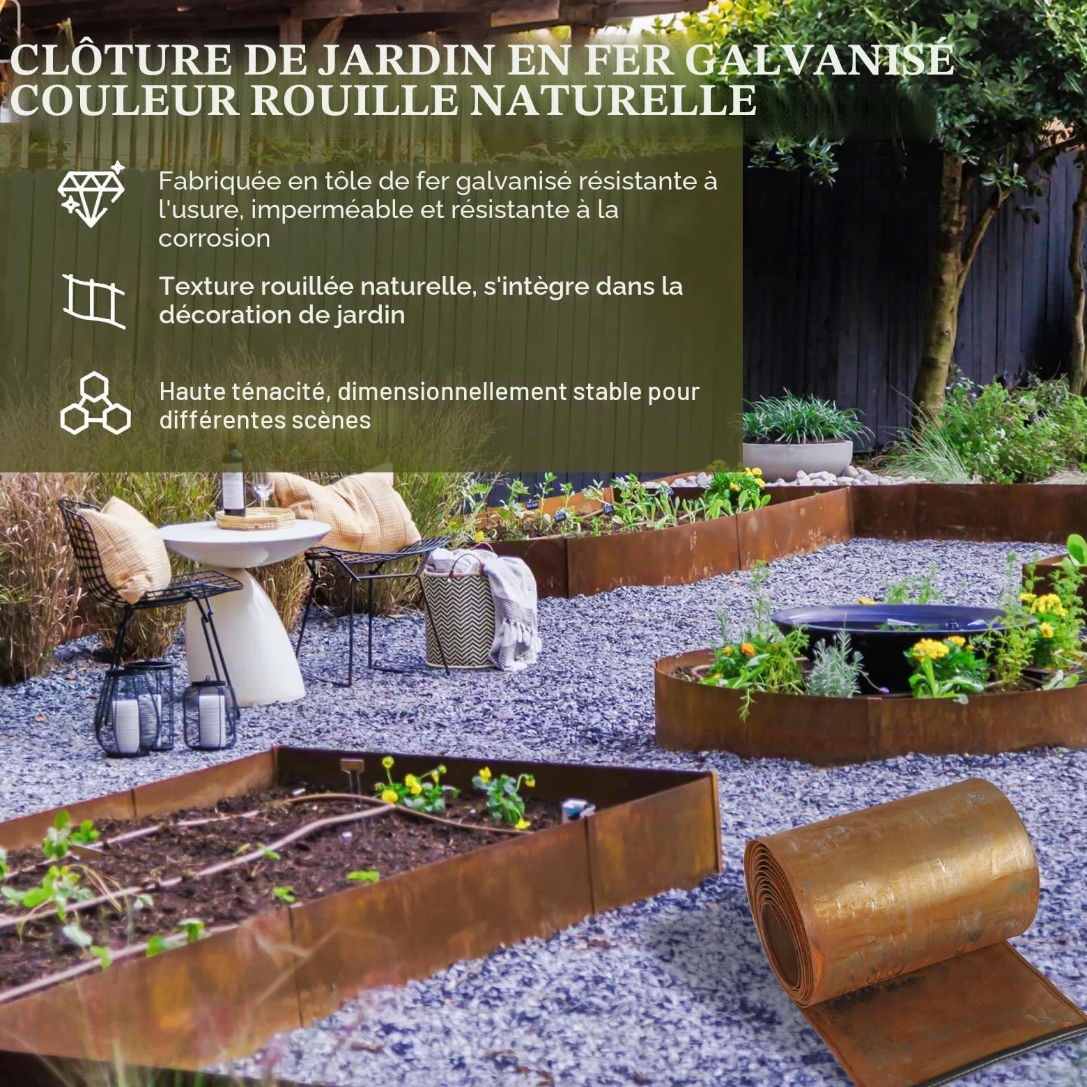 Bordure de pelouse en acier Corten 5 m x 20 cm - Bordure de parterre en métal aspect rouille - Bordure de pelouse flexible - Avec 1 paire de gants - Pour délimiter les parterres de fleurs, les allées