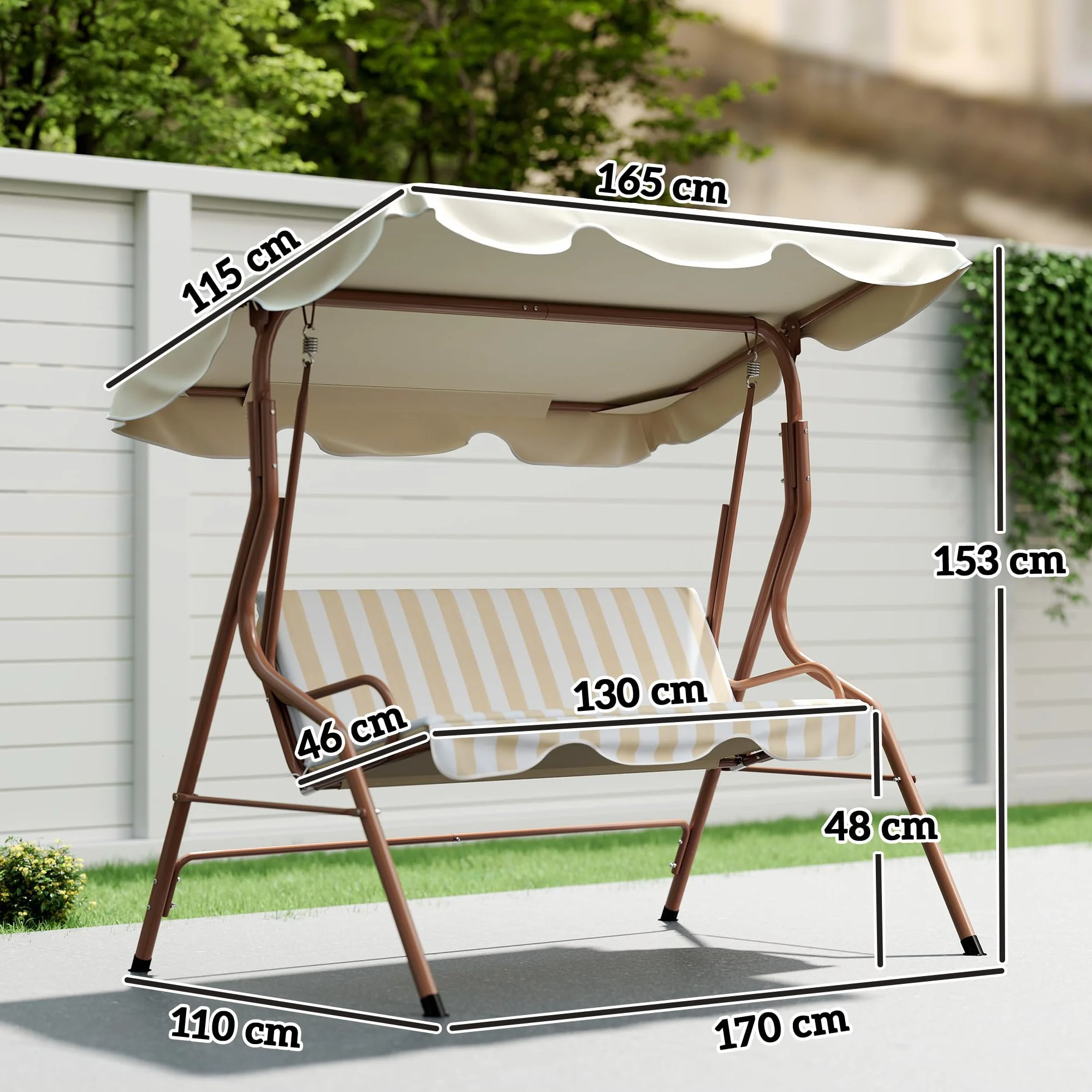 Outsunny Balancelle de Jardin 3 Places Toit imperméabilisé Inclinaison réglable Acier Polyester Marron crème rayé