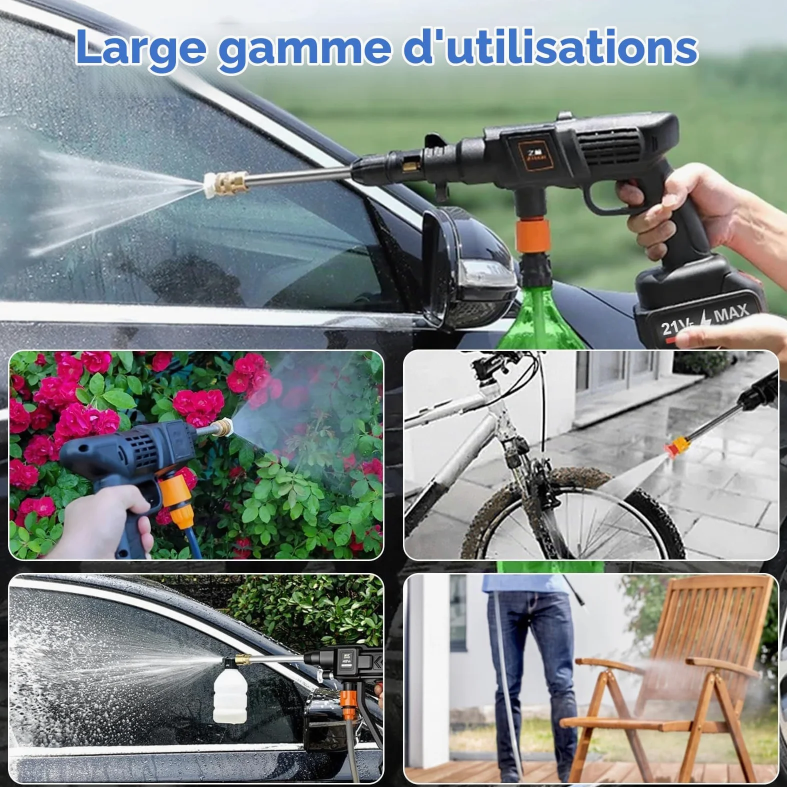 Nettoyeur Haute Pression Portable sans Fil, 21V Nettoyeur Haute Puissance avec 2 Batteries & Tuyau de 5m, Pistolet de Nettoyage Haute Pression pour Voiture,Jardin,Sol,Arrosage