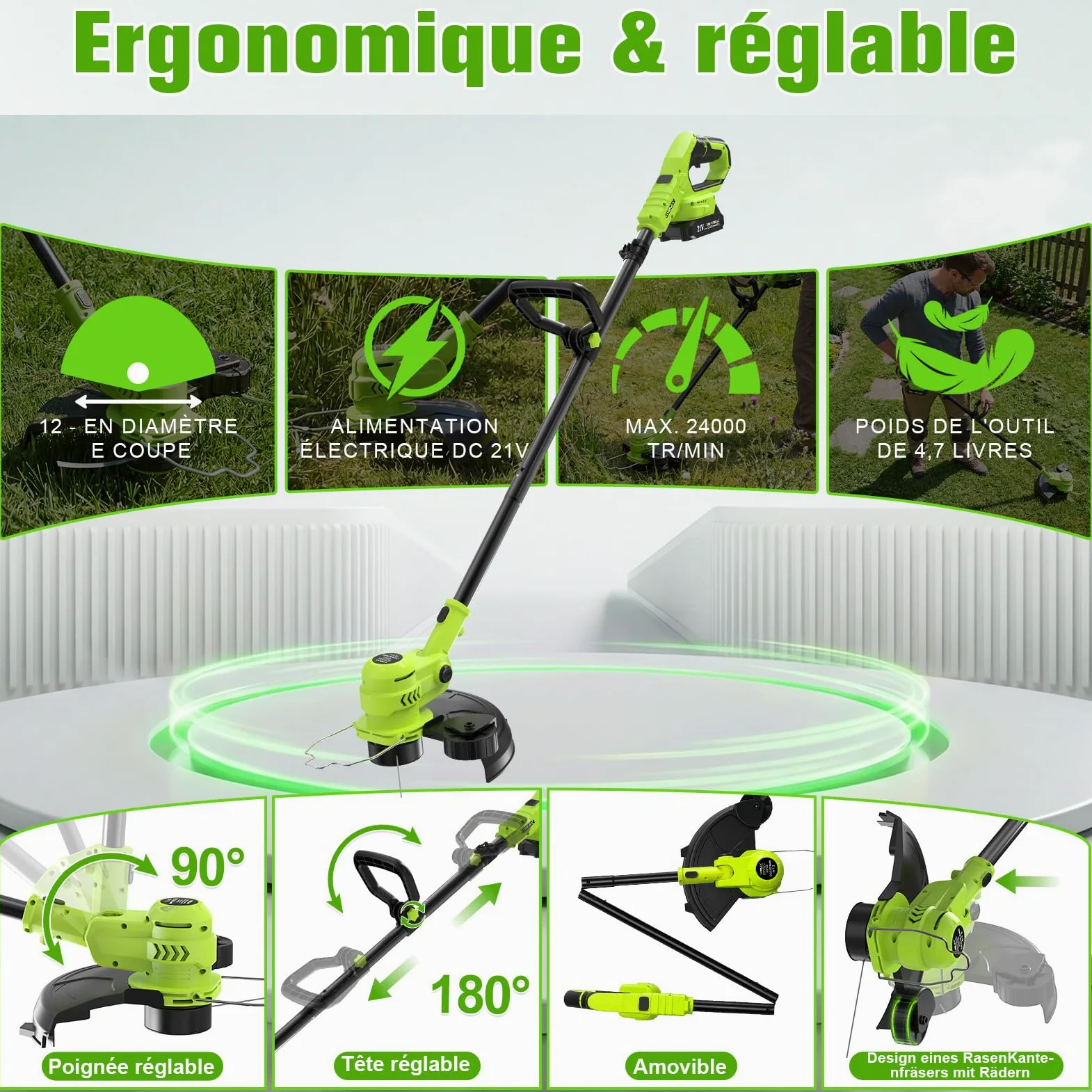 VOERJIA Débroussailleuse Électrique sans Fil 21V avec Écran LCD, Coupe-Bordure à Roues (30cm), Avancement Automatique du Fil, 8 Bobines Incluses, Tête Réglable et Multifonction. (Set Jardin Pro)