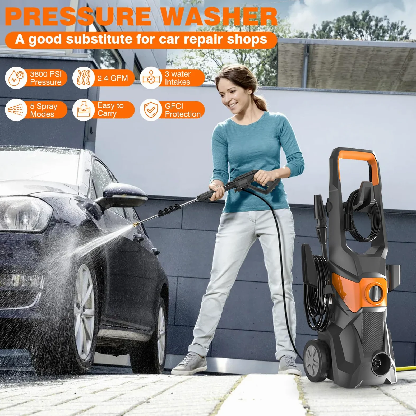 Nettoyeur Haute Pression électrique, 200 Bar, 3000 W, débit 540 l/h | pour Surfaces Extérieures et Autos, tuyau haute pression de 10 m, nettoyeur de surface compact