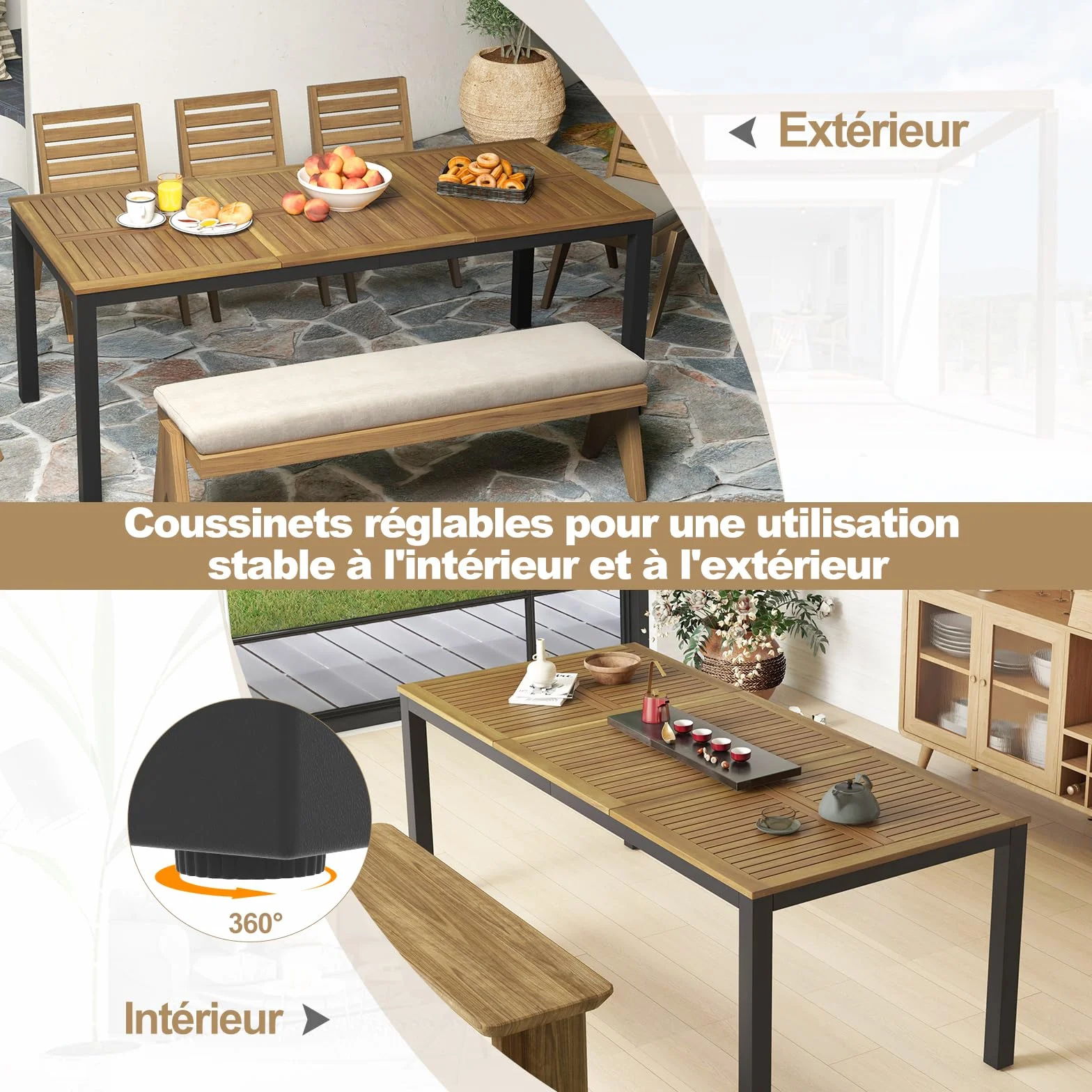 COSTWAY Table de Jardin 200 CM 8 Personnes, Table Exterieur en Bois d’Acacia avec Trou de Parasol, Pieds Métal
