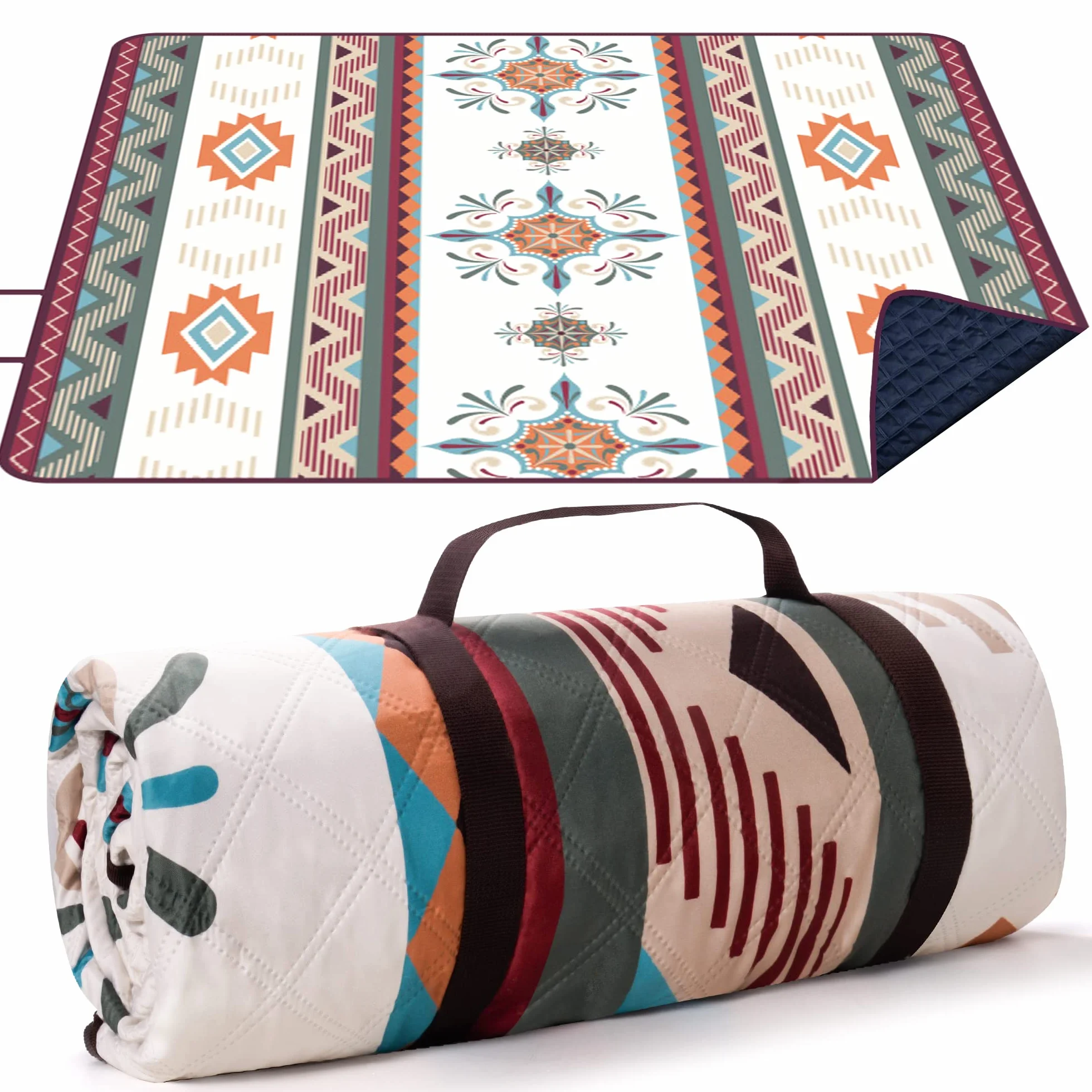 LARUTAN Grande couverture de pique-nique imperméable, 200 x 200 cm, tapis de plage avec poignée de transport, résistant au sable et à la chaleur, pour camping, plage, pique-nique familial, Seattle