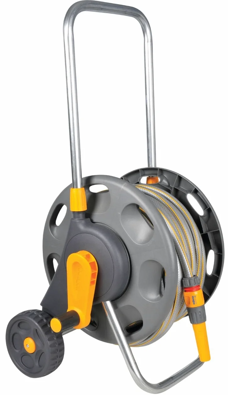 HOZELOCK - Dévidoir Chariot 60 M Équipé 25 M : Axe Renforcé, Dévidoir Stable et Facile à Manœuvrer, Capacité Max 60 M, Livré avec 25 M de Tuyau, 1 lance et Raccords [2488P0000]