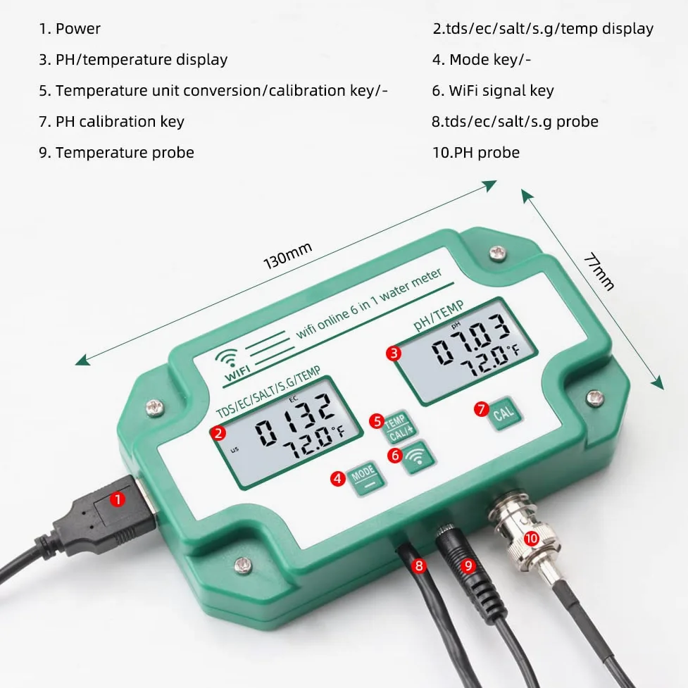 Testeur de qualité de l'eau 6 en 1 WiFi Moniteur de qualité de l'eau multiparamètre Numérique PH/Solides totaux dissous/EC/S.G/Salt/Temp Meter pour Aquaculture Piscine