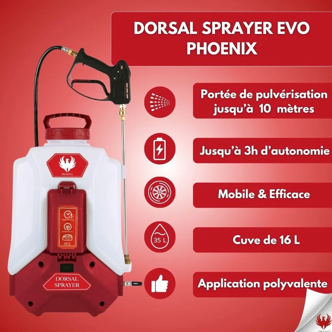 PHOENIX Dorsal Sprayer Evo | Pulverisateur Electrique 16L | Batterie Lithium 18V 4Ah | Autonomie 3h | Portée Jusqu’à 10m | Pulverisateur à Dos Professionnel avec Jeu de 4 Buses
