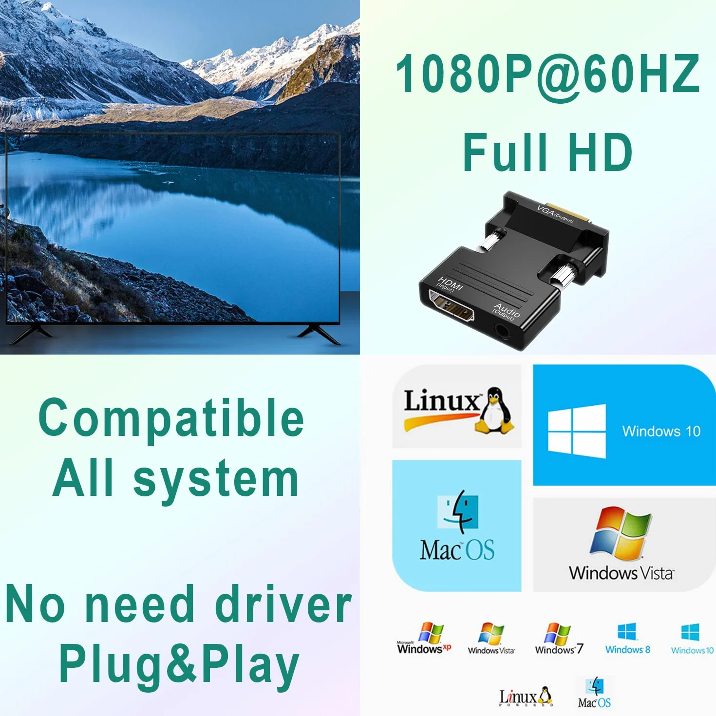 Adaptateur HDMI vers VGA 1080P 60Hz Audio Vidéo pour TV Box HDTV Moniteur PC