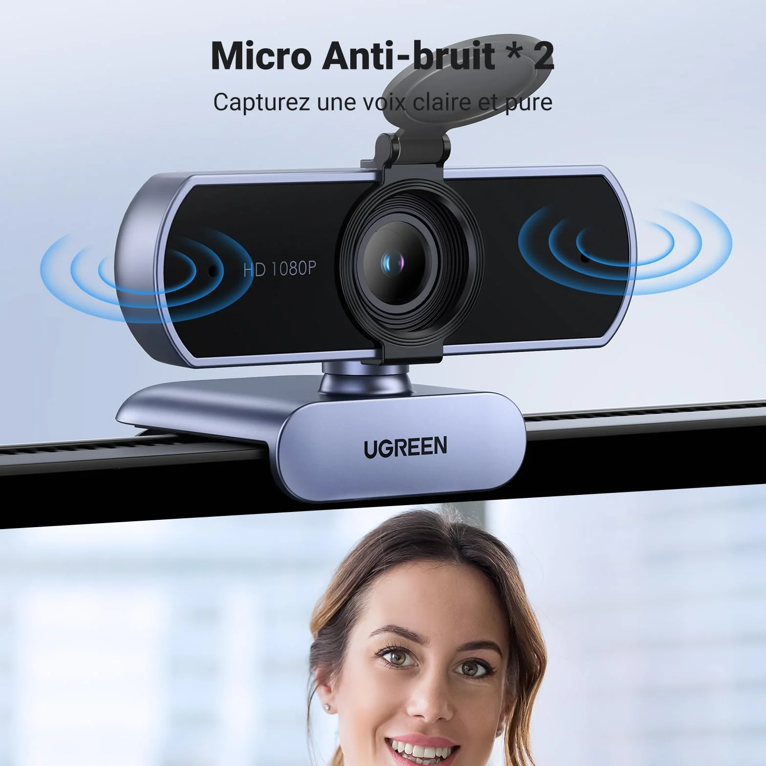 UGREEN Webcam Full HD 1080P 30FPS Caméra USB PC Mise au Point Fixe Deux Micro 360° Rotation Plug Play Windows MacOS Linux