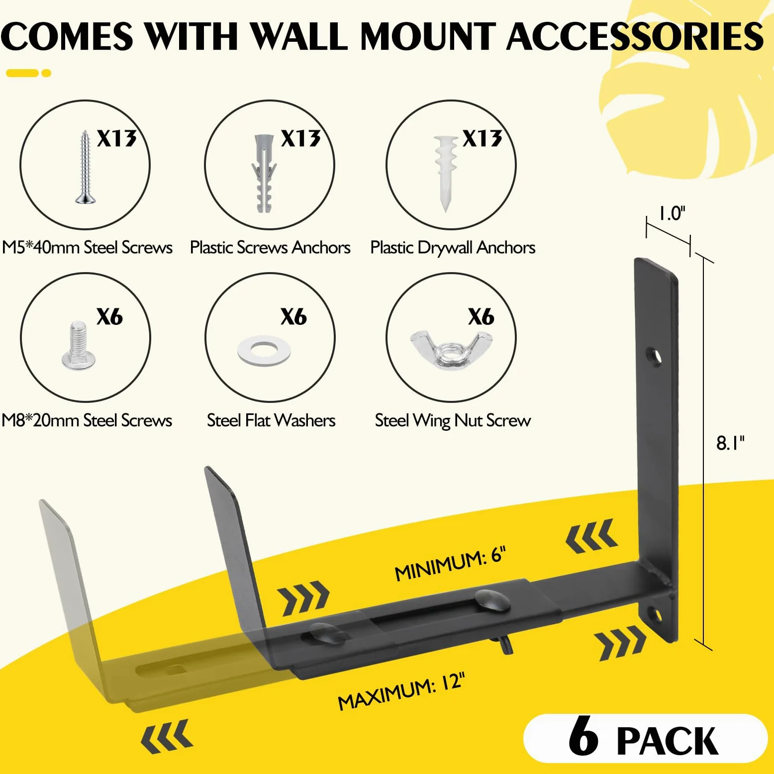 LukLoy Lot de 6 supports muraux réglables pour jardinière de fenêtre (15,2 à 30,5 cm), avec une capacité de 31,8 kg, noir