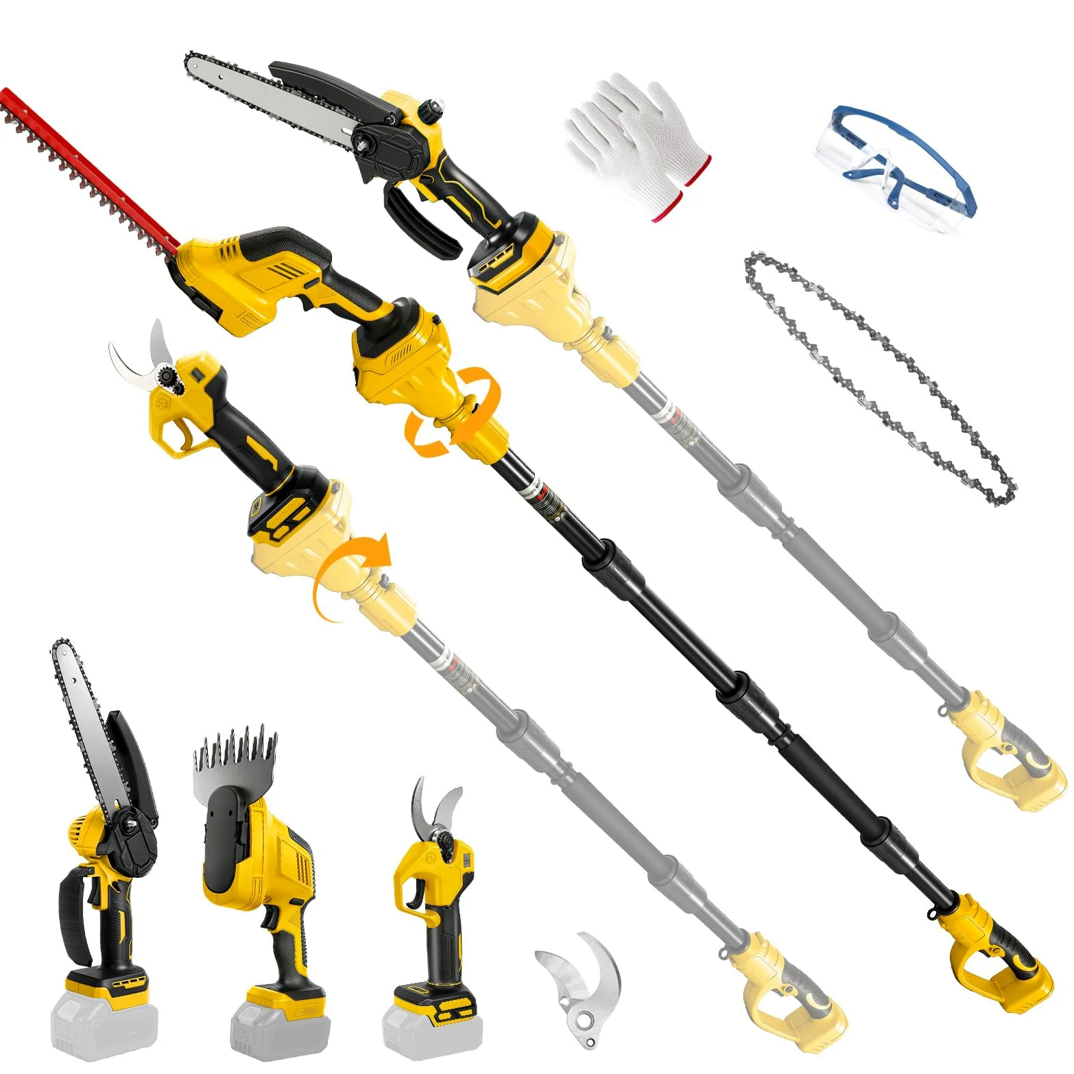 Mini Tronconneuse avec Perche 8 Pouces & Secateur Electrique Telescopique 28 mm & Taille-haie 310mm pour Dewalt 18 V, 20 V batterie, 6 en 1 Élagueuse sur Perche, Portée Maximale 4,5 m 130 220 Com