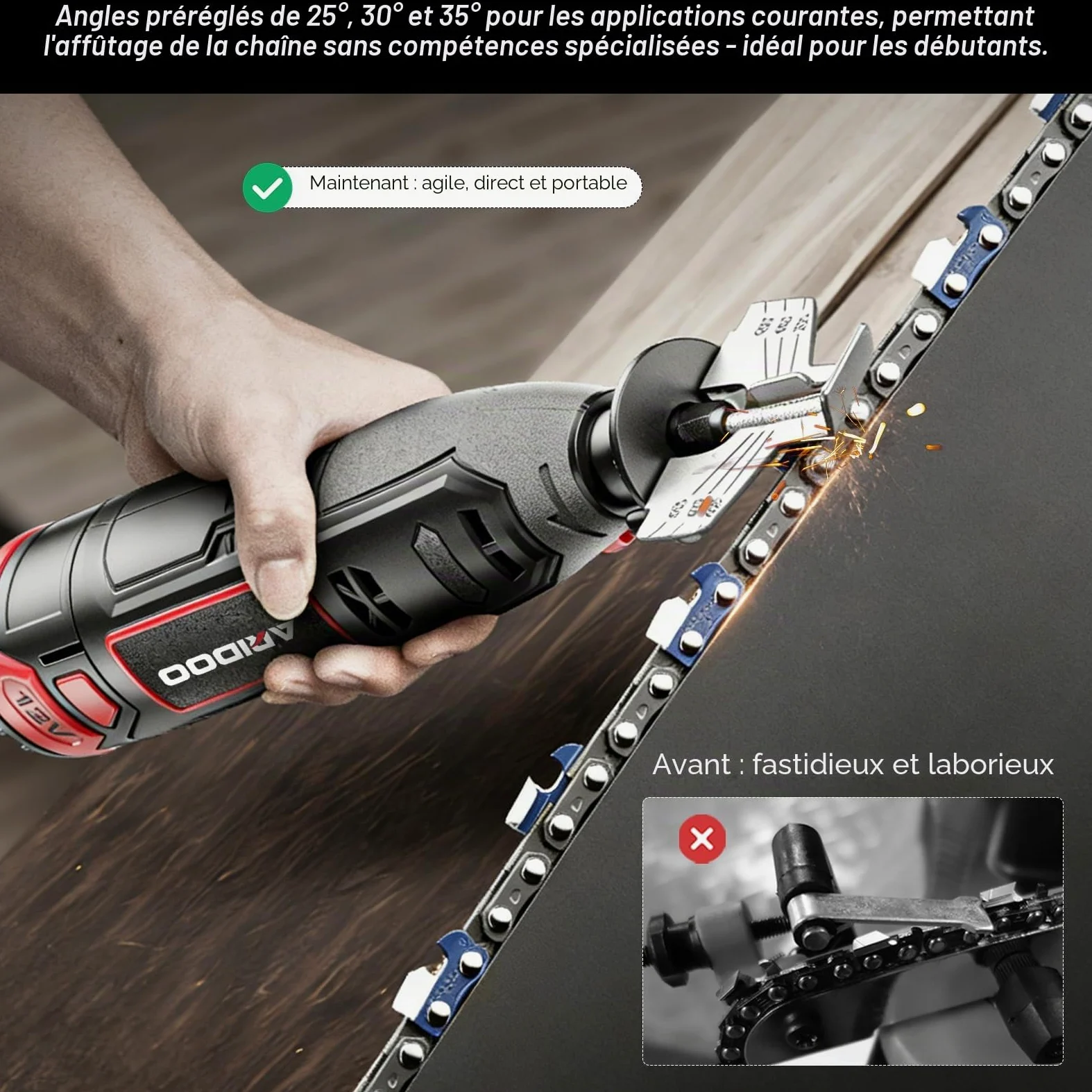 Kit d'affûtage électrique pour tronçonneuses, 2 batteries + chargeur. Outil à grande vitesse avec 20 têtes céramique & 20 meules diamantées, adapté à toutes les chaînes.