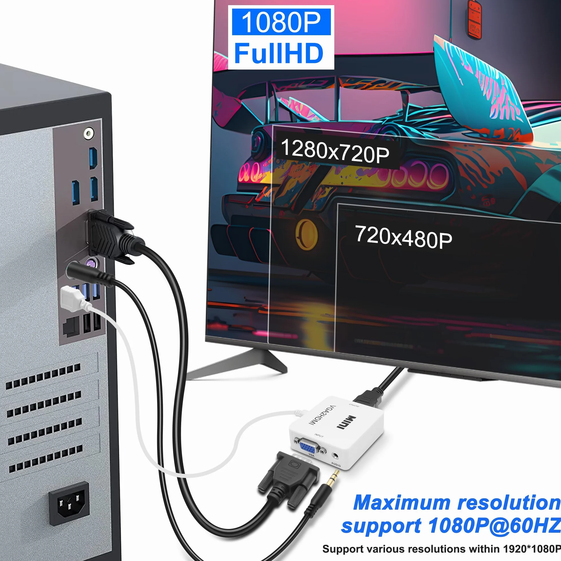 Convertisseur VGA vers HDMI 1080p avec port audio 3,5 mm pour PC, ordinateur portable, projecteur (blanc)