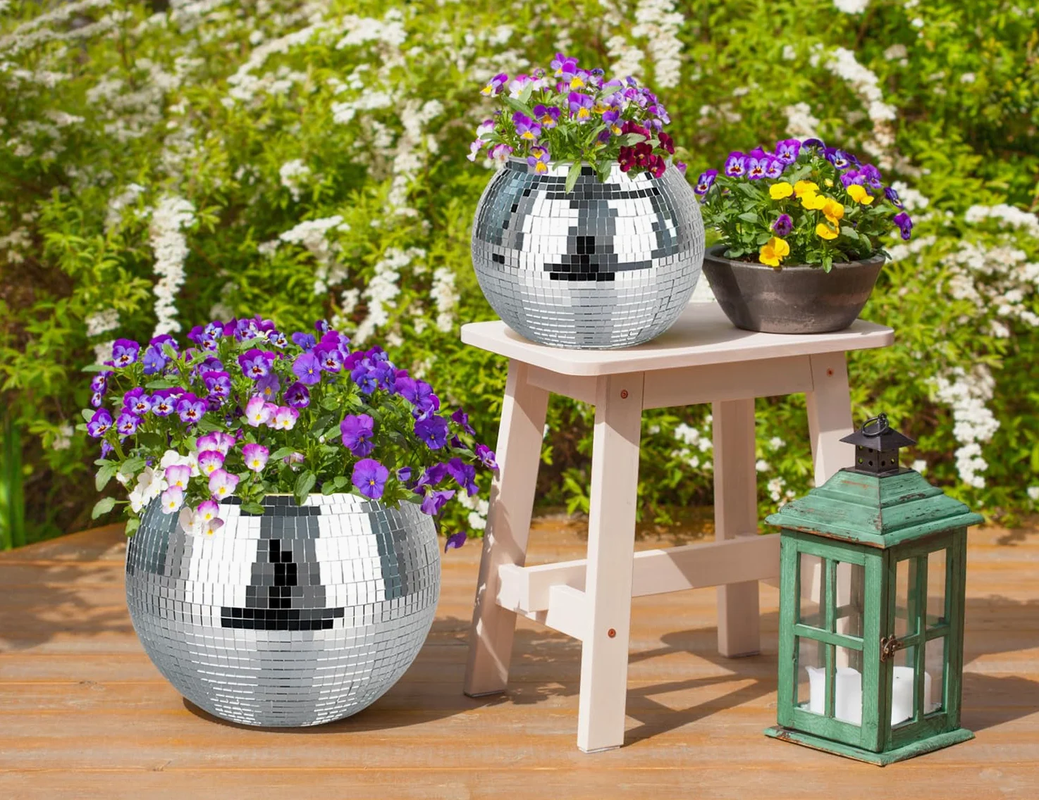 Pot de fleurs boule disco argenté de 22,9 cm avec corde de suspension, crochet | Pour la décoration