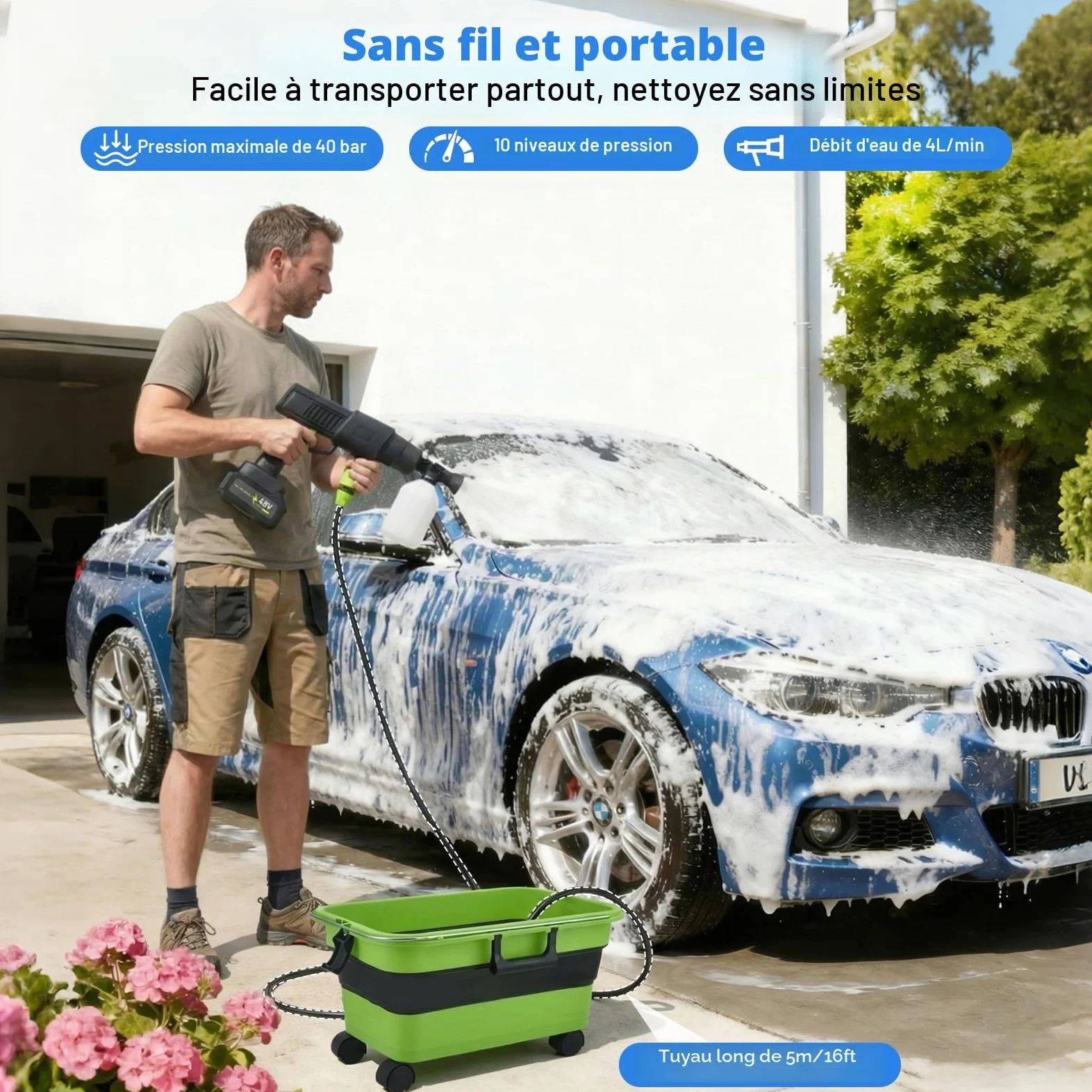 Nettoyeur haute pression, nettoyeur haute pression portable avec 30 bar, 2 batteries de 3,0 Ah, réservoir pliable de 22 litres, buse multifonction 6 en 1, nettoyeur haute pression sans fil pour