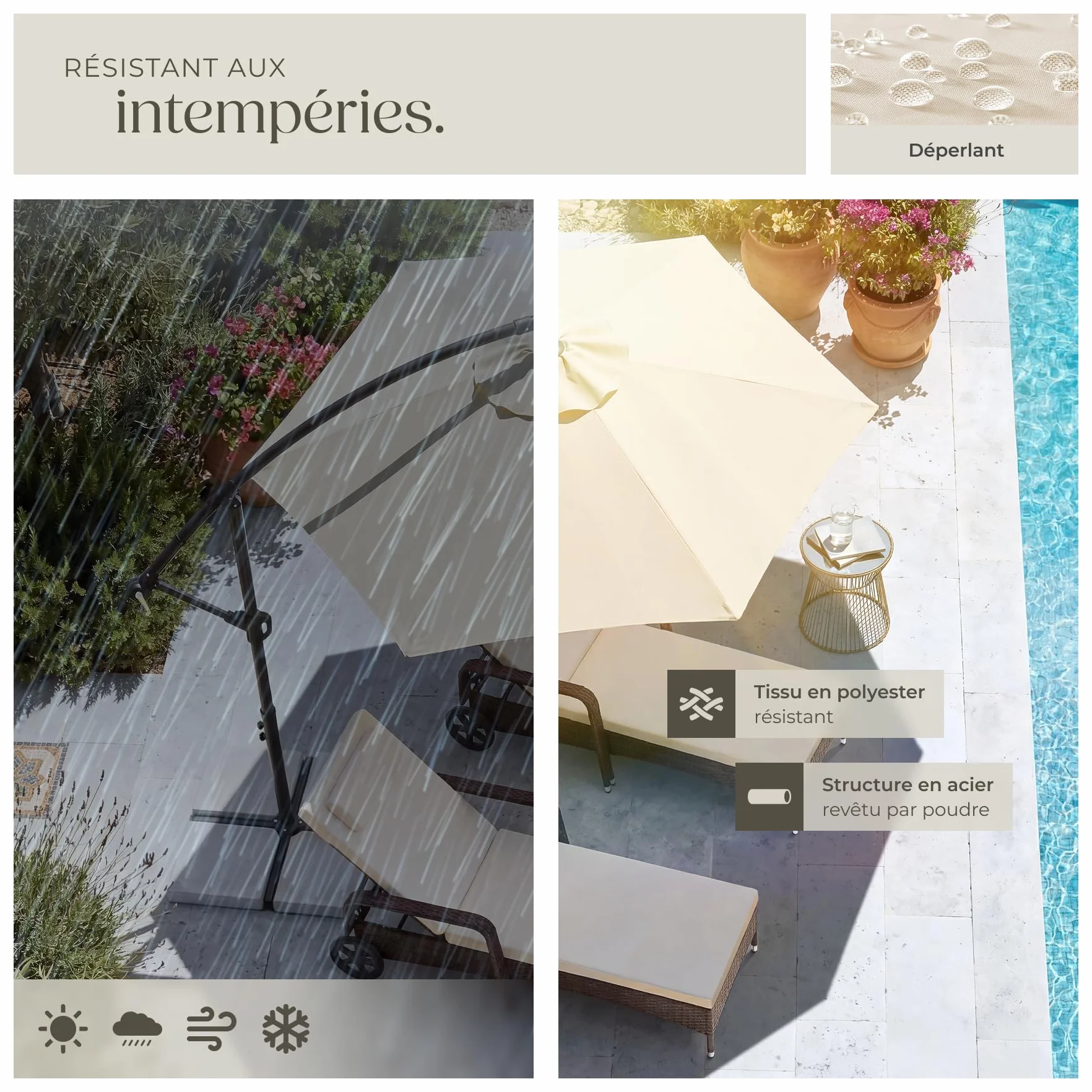 Tectake Parasol déporté 3x3 m Pivotant 360° Inclinable 90°-135° Protection UV 50+ Double-toit Jardin Terrasse