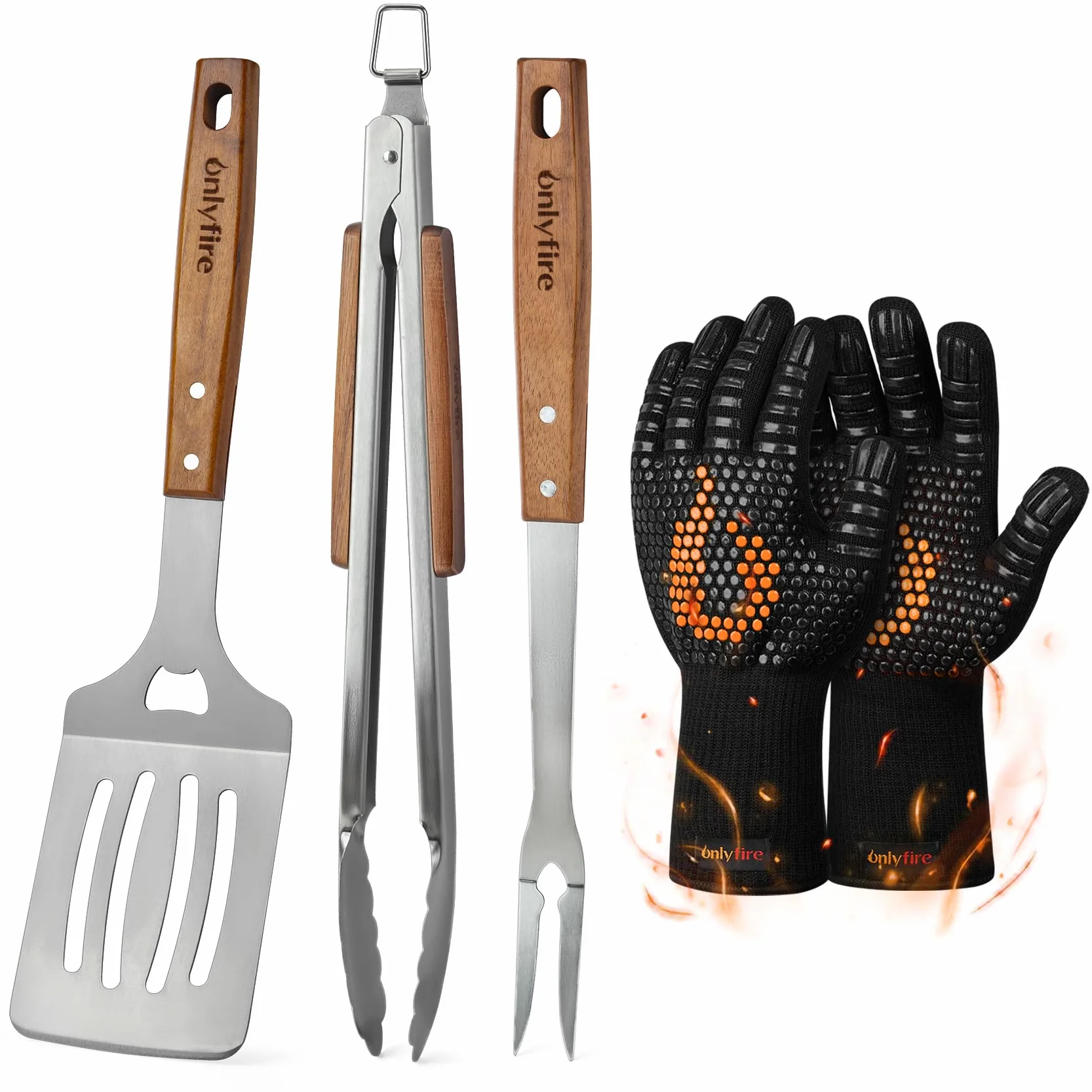 Onlyfire Set d'ustensiles de Barbecue 5 Pièces Acier Inoxydable Pince Spatule Fourchette Gants