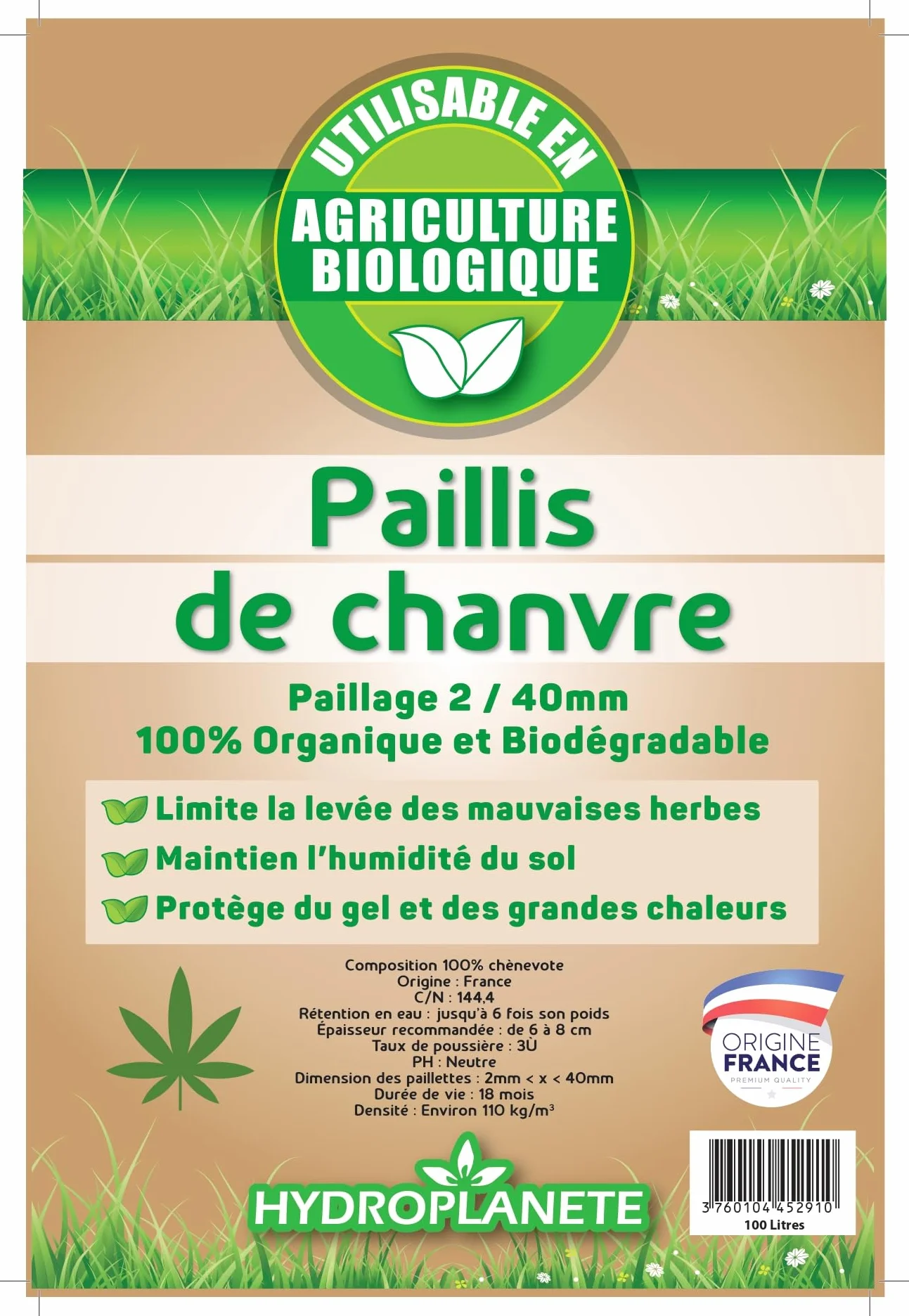 HYDROPLANETE Paillis de Chanvre 100% Naturel Sacs 5L 10L 20L 50L 100L 200L Agriculture Biologique Potager