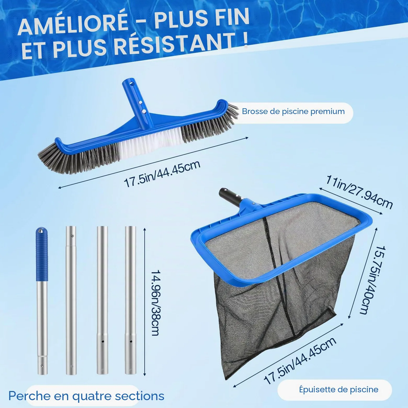 Kit de Nettoyage pour Piscine - Épuisette Piscine à Mailles Extra Fines et Brosse Piscine 45cm avec Manche 4 Sections pour Skimmer, Ramassage Feuilles - Accessoire Piscine Hors Sol