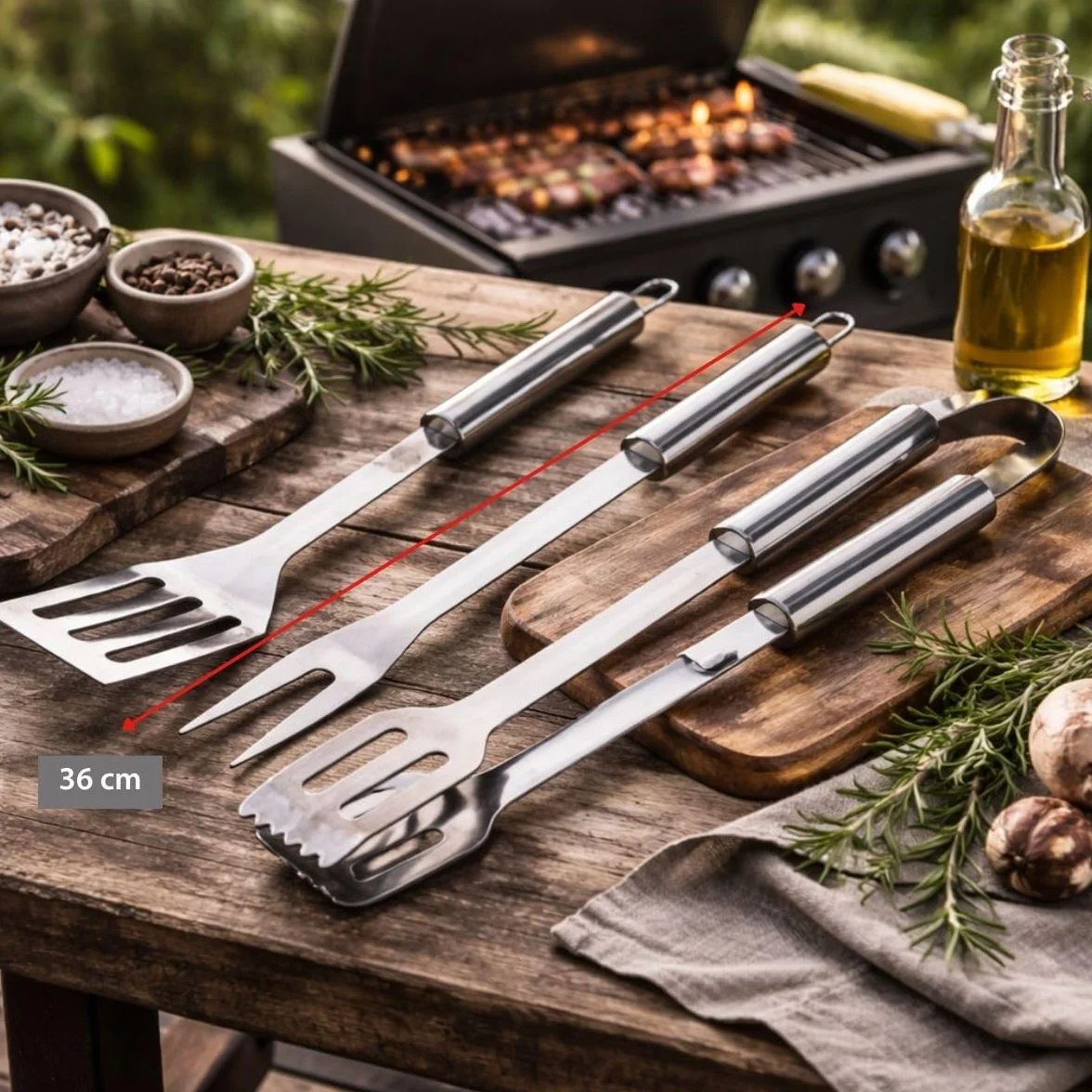 Alpina Kit Barbecue Ustensiles 3 Pièces - Pince et Spatule Acier Inoxydable - Fourchette à Viande Argent