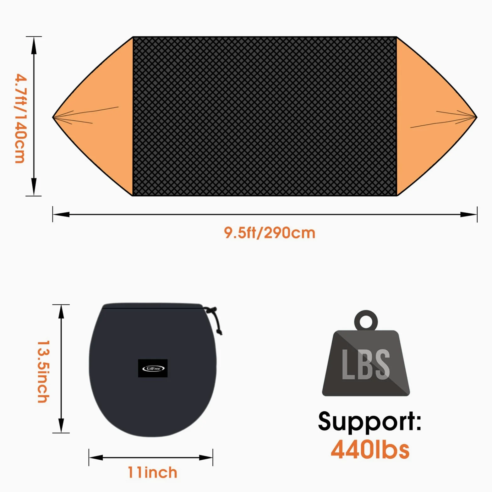 G4Free Grand hamac de camping avec moustiquaire pour 2 personnes, parachute escamotable, léger à suspendre, sangles d'arbre, lit balançoire pour extérieur, randonnée, randonnée (noir/orange)