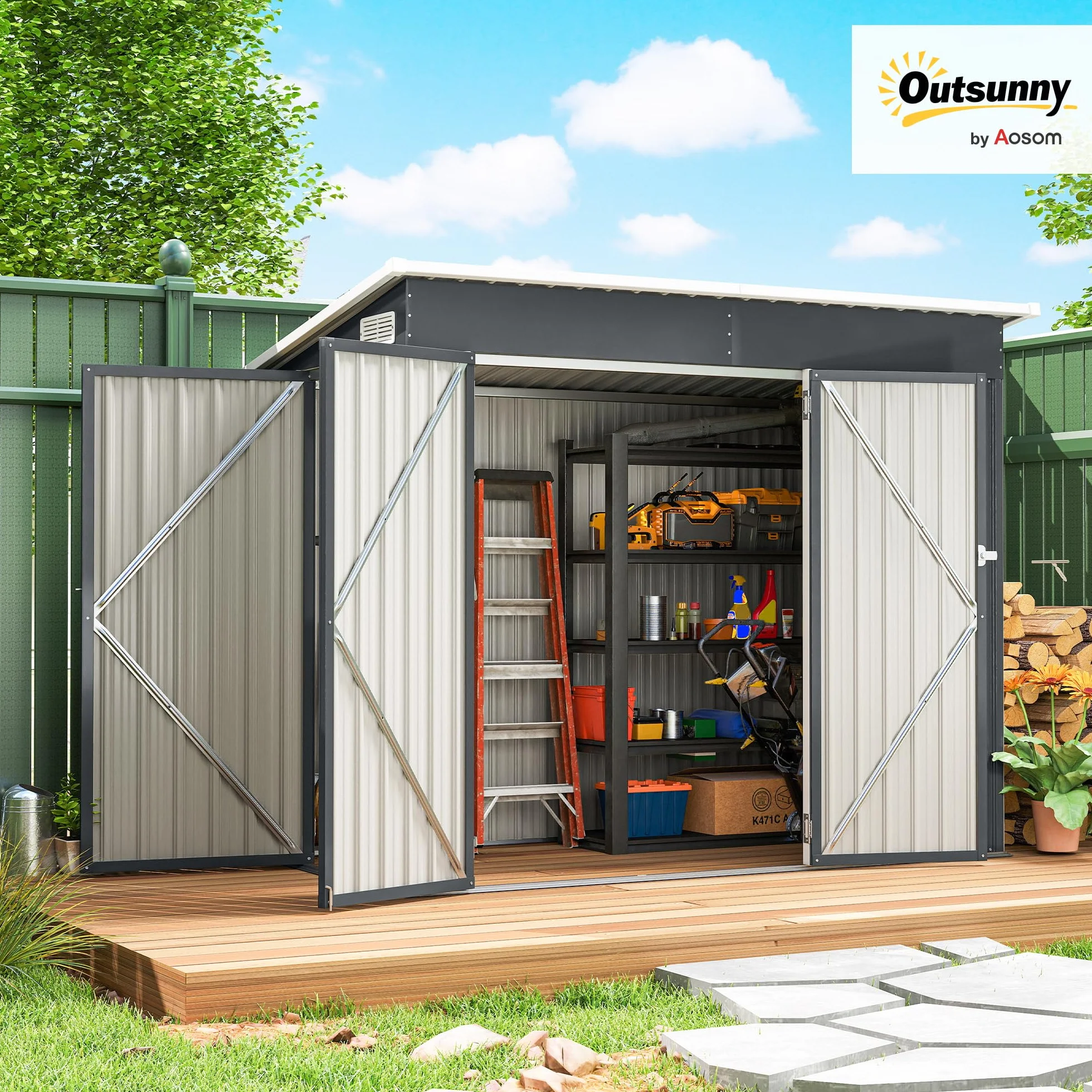 Outsunny Abri de Jardin métal 234 x 132 x 185 cm Triple Porte verrouillable Toit incliné Acier galvanisé Gris foncé