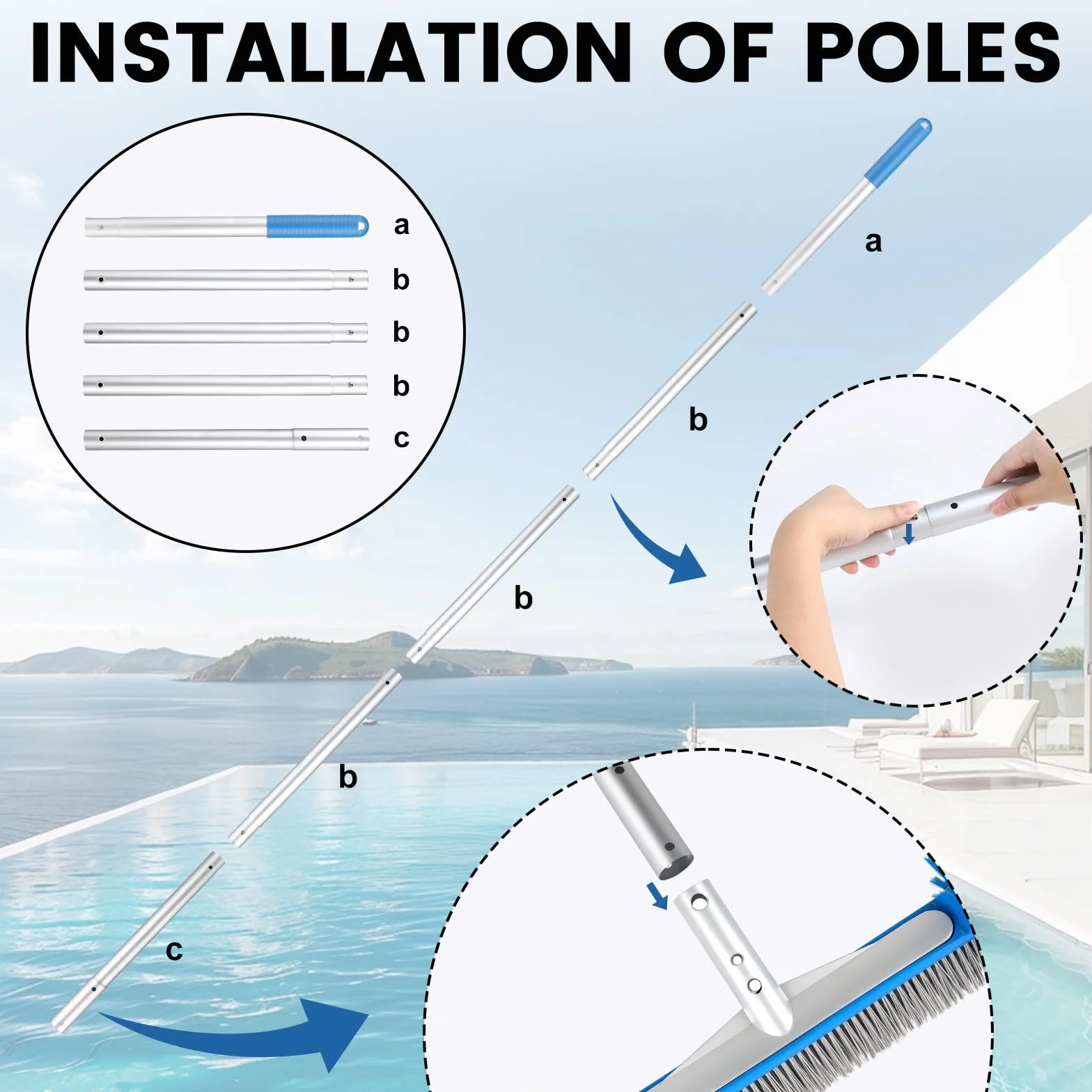 Brosse Piscine Ronde LALAGO avec Perche Amovible Poils Hémisphériques pour Mur et Carrelage
