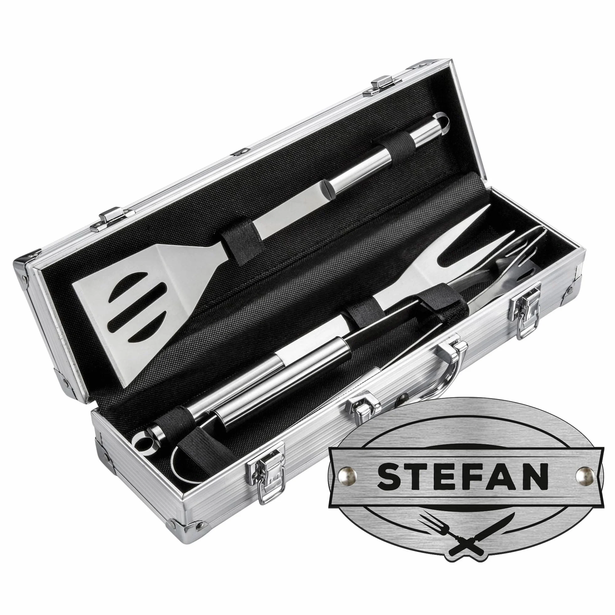 Casa Vivente Coffret d'Ustensiles pour Grillades, Fourchette, Pince, Spatule, Gravure Personnalisée, 37x10x8,5 cm