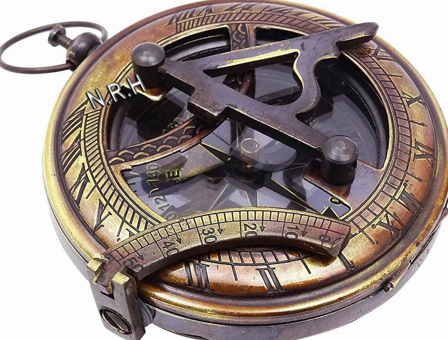 Cadran solaire vintage boussole en laiton avec étui en cuir – Cadeau gravé pour lui – boussole à pousser pour camping, randonnée et tourisme