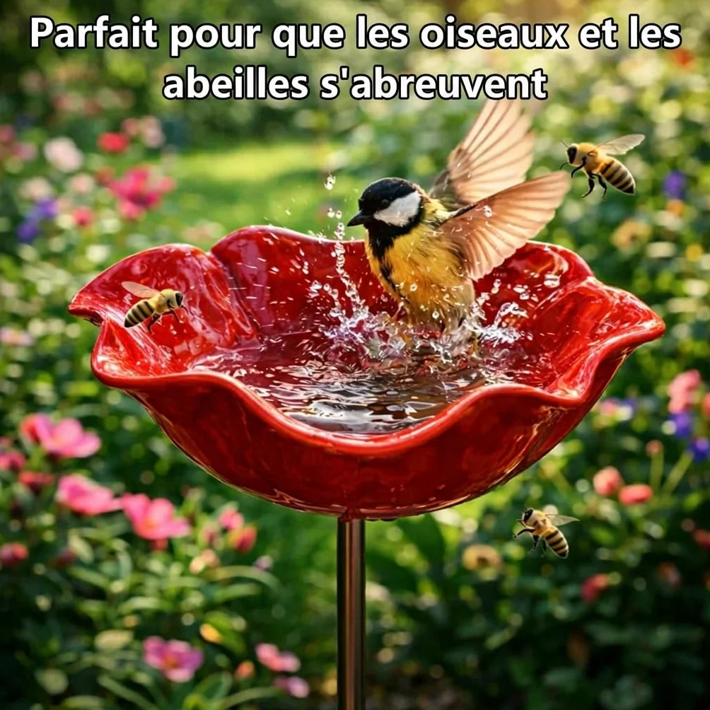 Bain d'oiseaux Extérieur sur Pied en Métal Forme de Fleur, Mangeoire & Abreuvoir pour Jardin Balcon