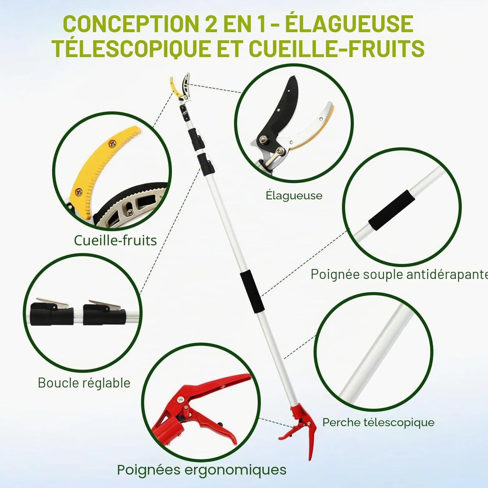 Gardena Sécateur télescopique 3 m, élagueur, sécateur de jardin extensible jusqu'à 3 m, sécateur Gardena avec lame de scie pour couper des arbres et des ciseaux de cueillette de fruits pour la récolte