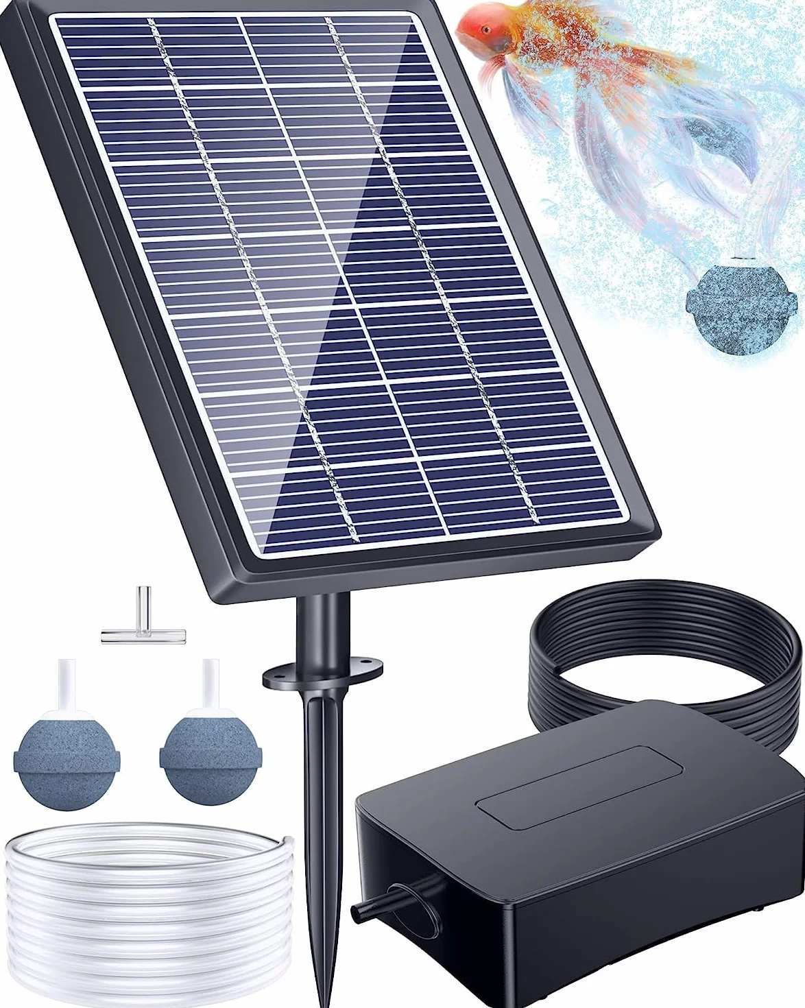 Biling Pompe à air Solaire 2.5W pour Aquarium Oxygenateur Extérieur avec Tube d'oxygène et Pierre à Bulles
