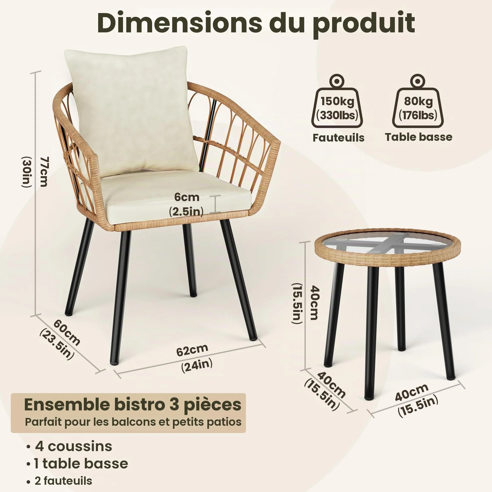 Pamapic Salon de Jardin 3 Pièces Ensemble Meubles de Jardin en Rotin avec Table Ronde et 2 Chaises