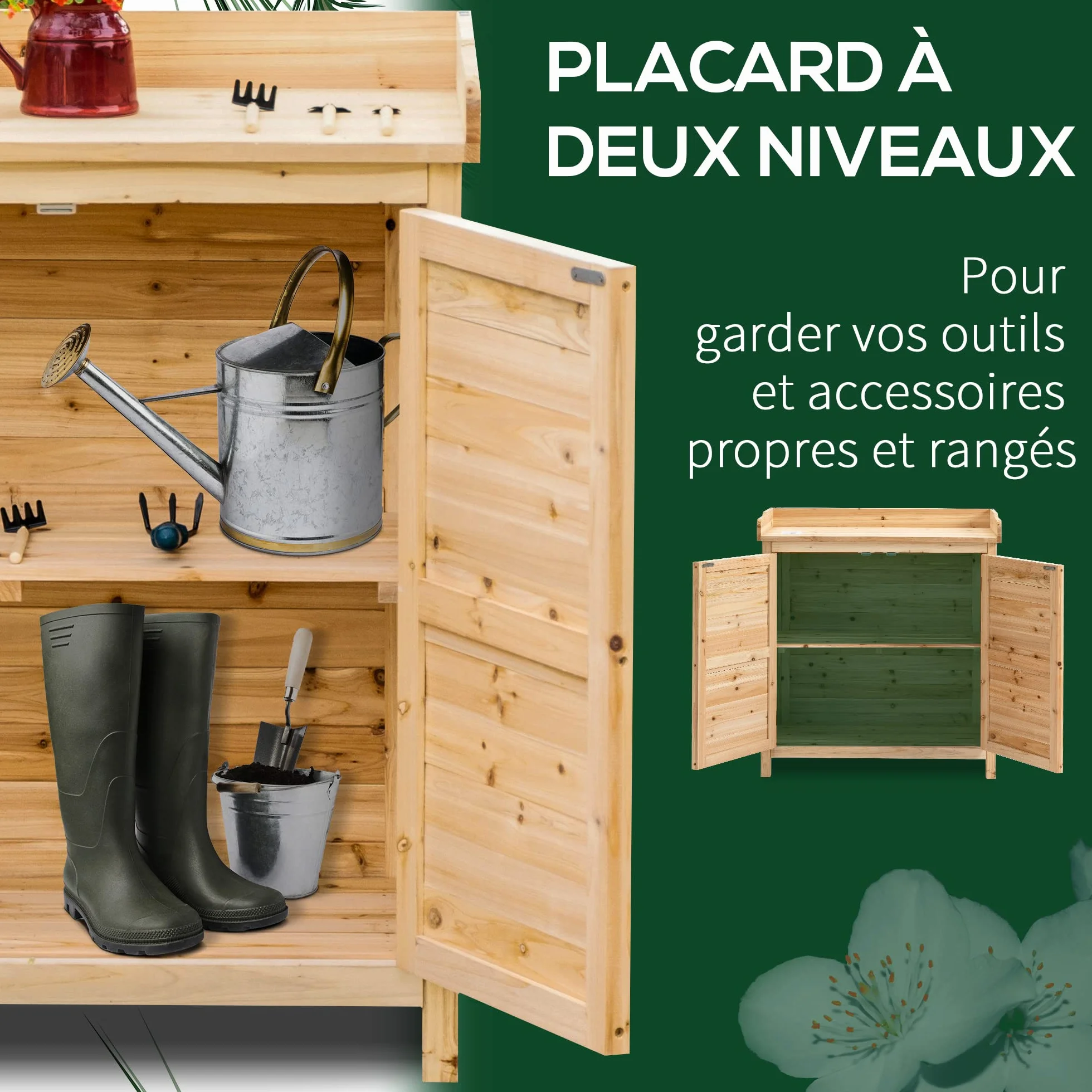 Outsunny Armoire de Jardin en Bois Massif Sapin 83x40x92 cm Double Porte
