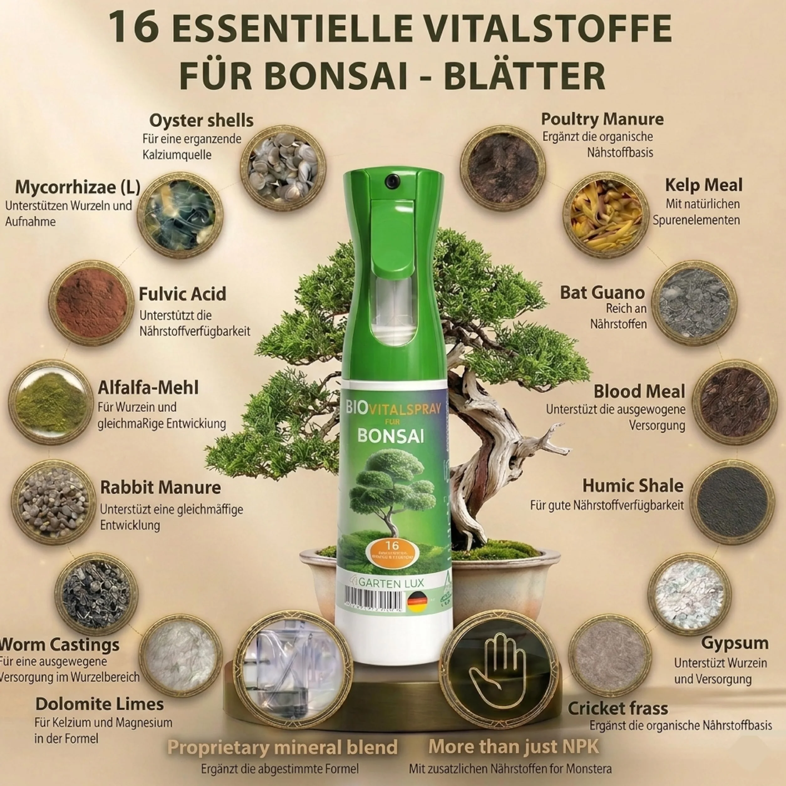 Garten Lux Spray bio Vital pour feuilles de bonsaï 300 ml 16 oligo-éléments