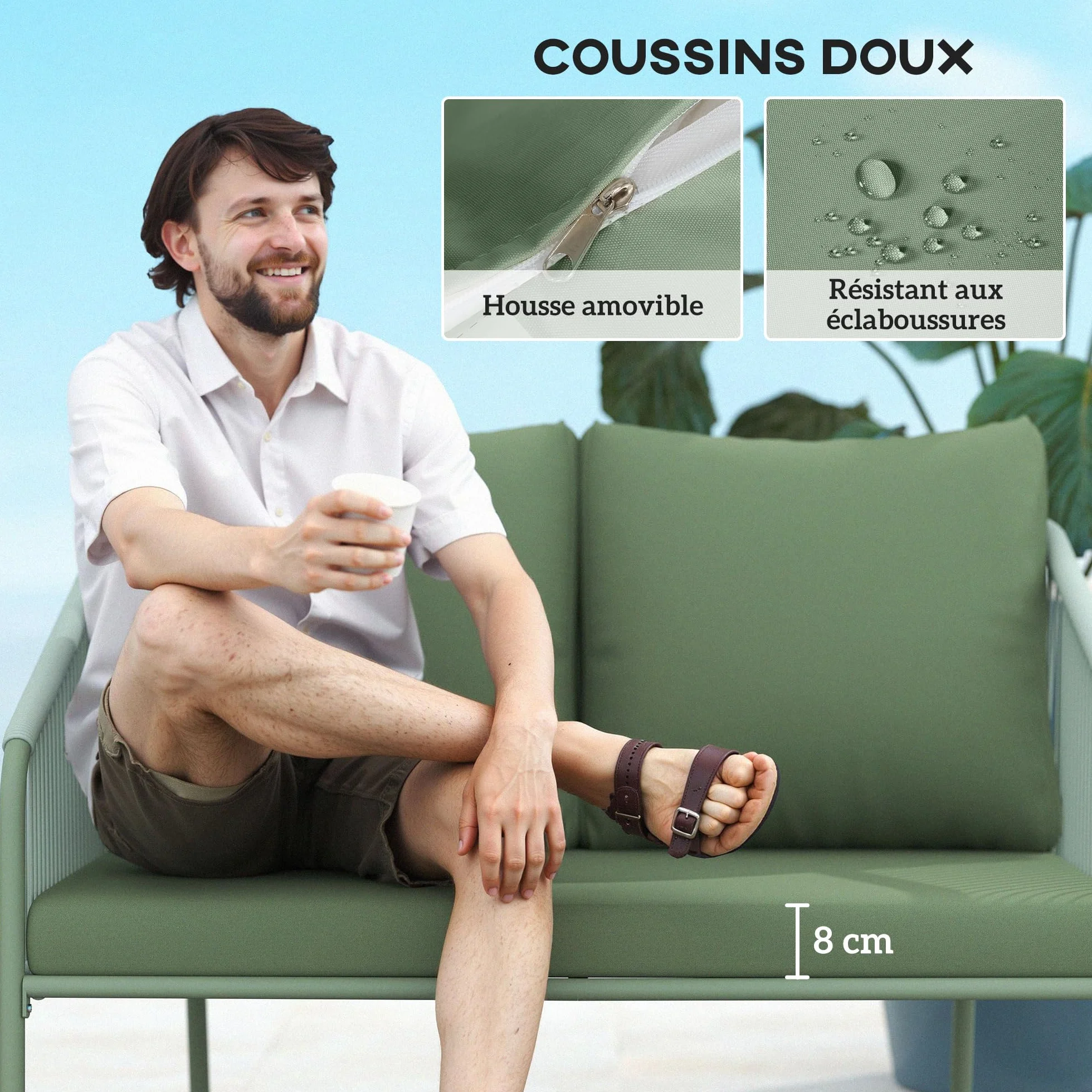 Outsunny Canapé de Jardin 2 Places Résine Tressée Coussins Accoudoirs Cadre Acier Vert