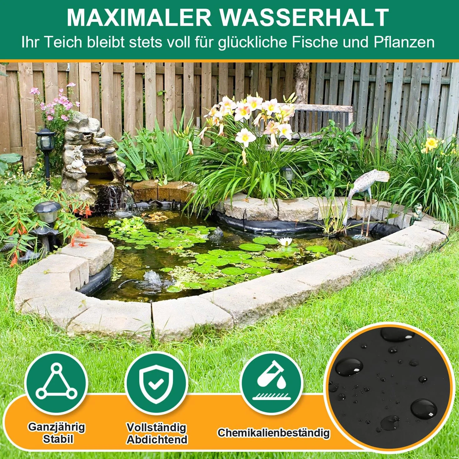 Bâche pour bassin - 3 x 4 m - Noir - 0,5 mm - PEHD - Haute résistance à la traction - Pour bassins à poissons, étangs de natation et projets de jardin