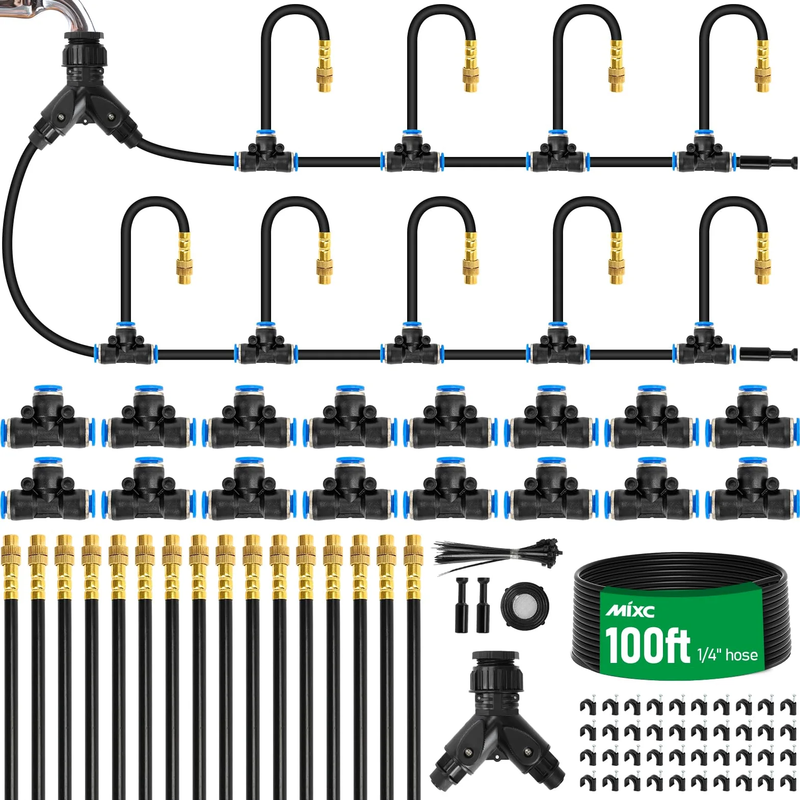 Mixc Système d'irrigation goutte à goutte de 30,6 m, kit d'irrigation de jardin avec 16 buses réglables en cuivre, système d'arrosage automatique pour plantes d'extérieur, plate-bande surélevée, cour