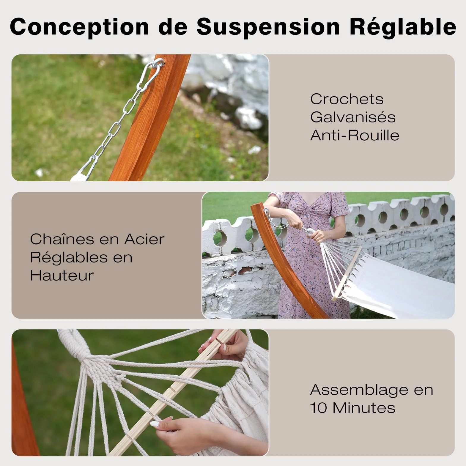 Hamac avec Support en Bois, 320×120 cm, 2 Hamacs, Charge 200 kg | Bois de pin massif, réglable en hauteur, structure stable extérieur