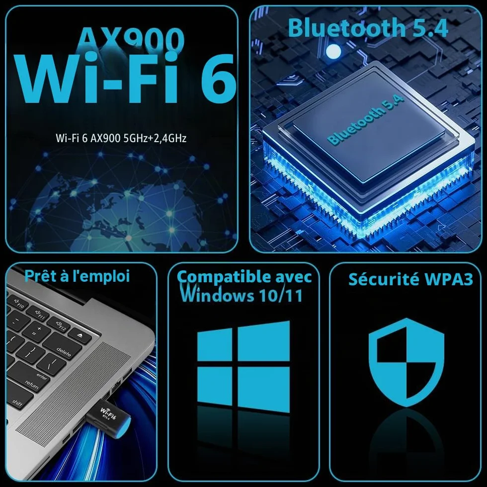 Clé WiFi 6 USB Double Bande 5GHz/2.4GHz Adaptateur WiFi Dongle 2 en 1 Bluetooth 5.4 pour PC Windows 10/11