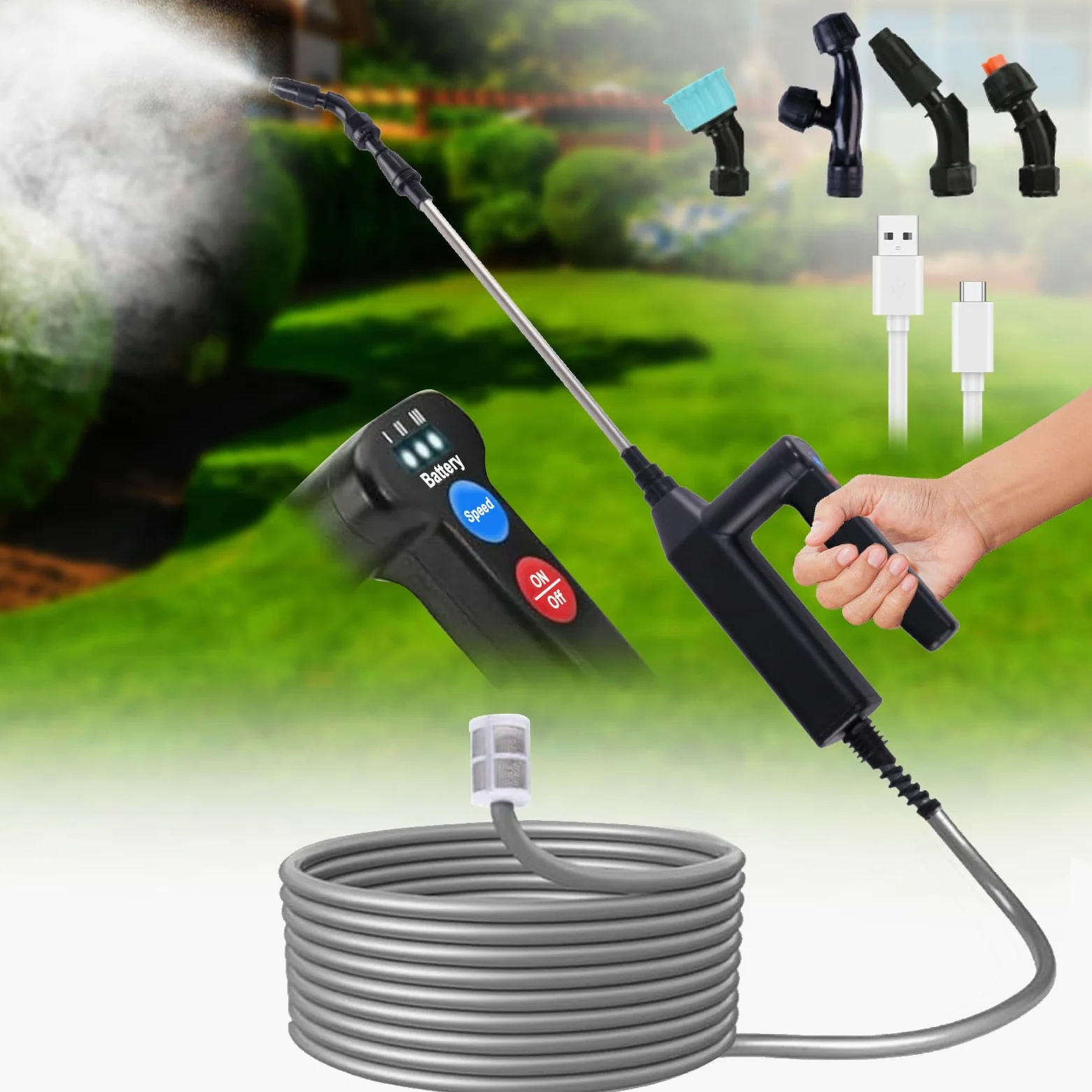 OBEST Pulvérisateur Électrique à Pression Multi-Vitesse Rechargeable | Perche Télescopique avec Tuyau de 5M et 4 Buses, Pulvérisateur Portable de Jardin pour Patio, Pelouse, Lavage de voiture