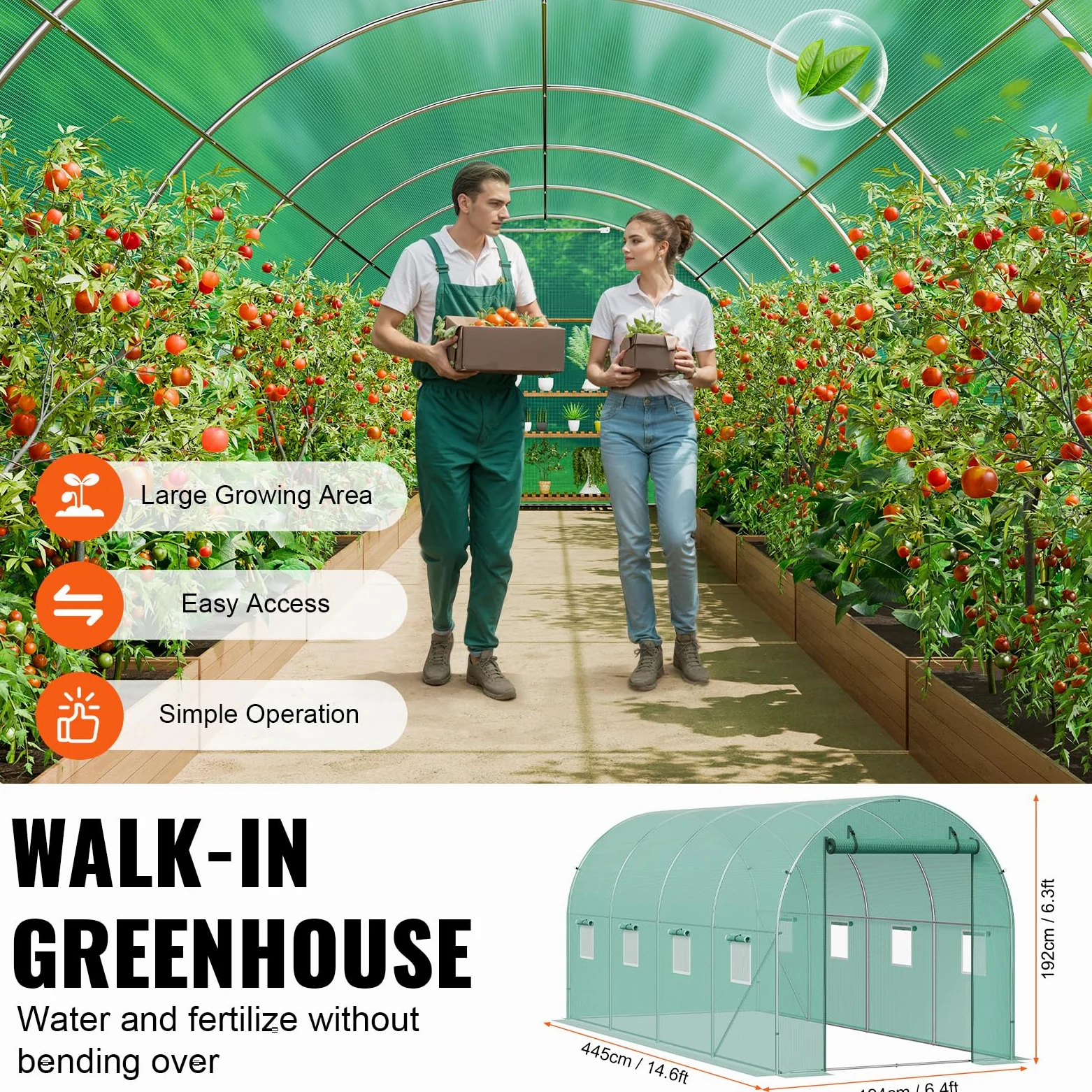 VEVOR Serre Tunnel Jardin, 445x194x192 cm, Tente Abri Plantes avec Cadre en Acier Galvanisé, Couverture en PE Verte, Porte à Glissière Enroulable, 8 Fenêtres, pour Extérieur Cultiver Légumes Fleurs