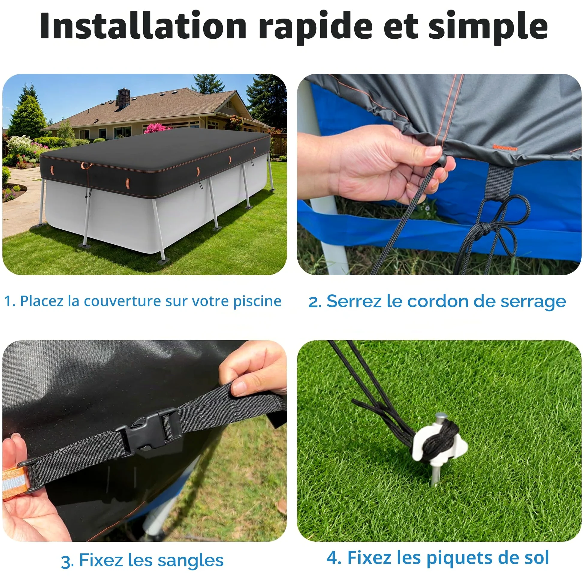 BâChe Rectangulaire 420D pour Piscine Hors Sol, RéSistante Aux UV Et Aux DéChirures, Disponible en Plusieurs Tailles 284x558cm, Protection Coupe-Vent avec Bandes RéFléChissantes.