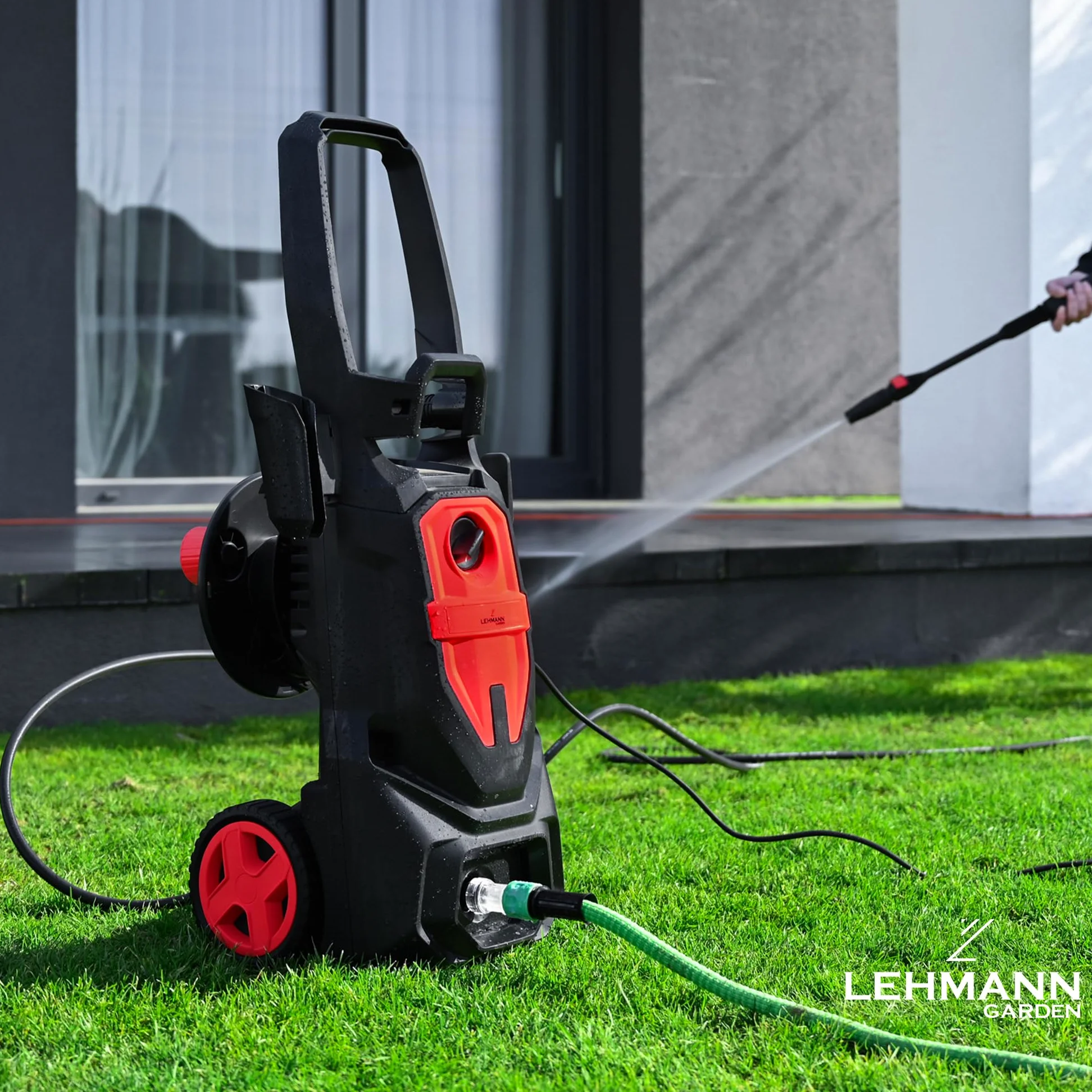 LEHMANN Austin Nettoyeur Haute Pression, 1800 W, Max. 220 Bar, Débit 450 l/h, Pompe en Aluminium, Rayon d'action 10 m, Enrouleur câble, Buse Réglable & Turbo, Canon à Mousse, Noir/Rouge