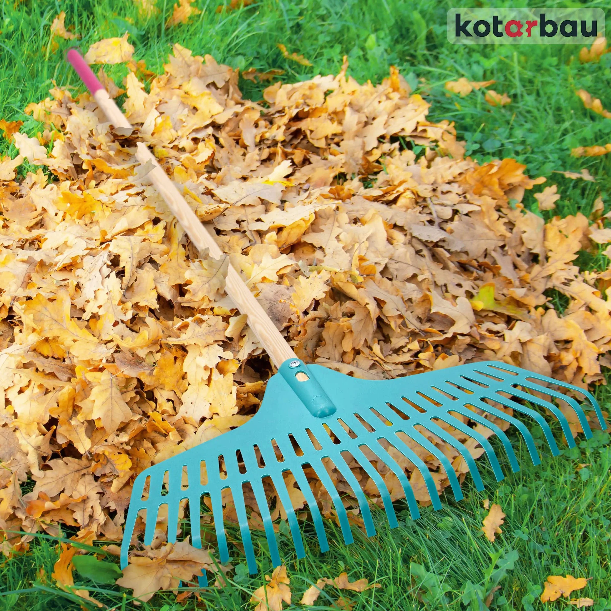 KOTARBAU® Rateau a Feuille - Plastique - 46 cm - avec Manche en Bois - 23 Dents - Rateau Jardin - Ramasse Feuille - Balai Gazon - Turquoise