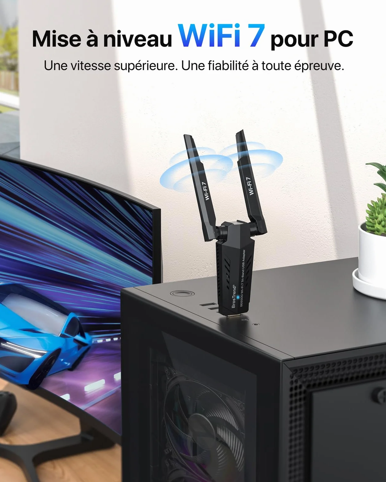 BrosTrend BE6500 Clé WiFi 7 USB 3.0 Tri-Bande 6GHz/5GHz/2.4GHz Longue Portée Antenne Wi-Fi PC Dongle Compatible Windows 11/10 WPA3