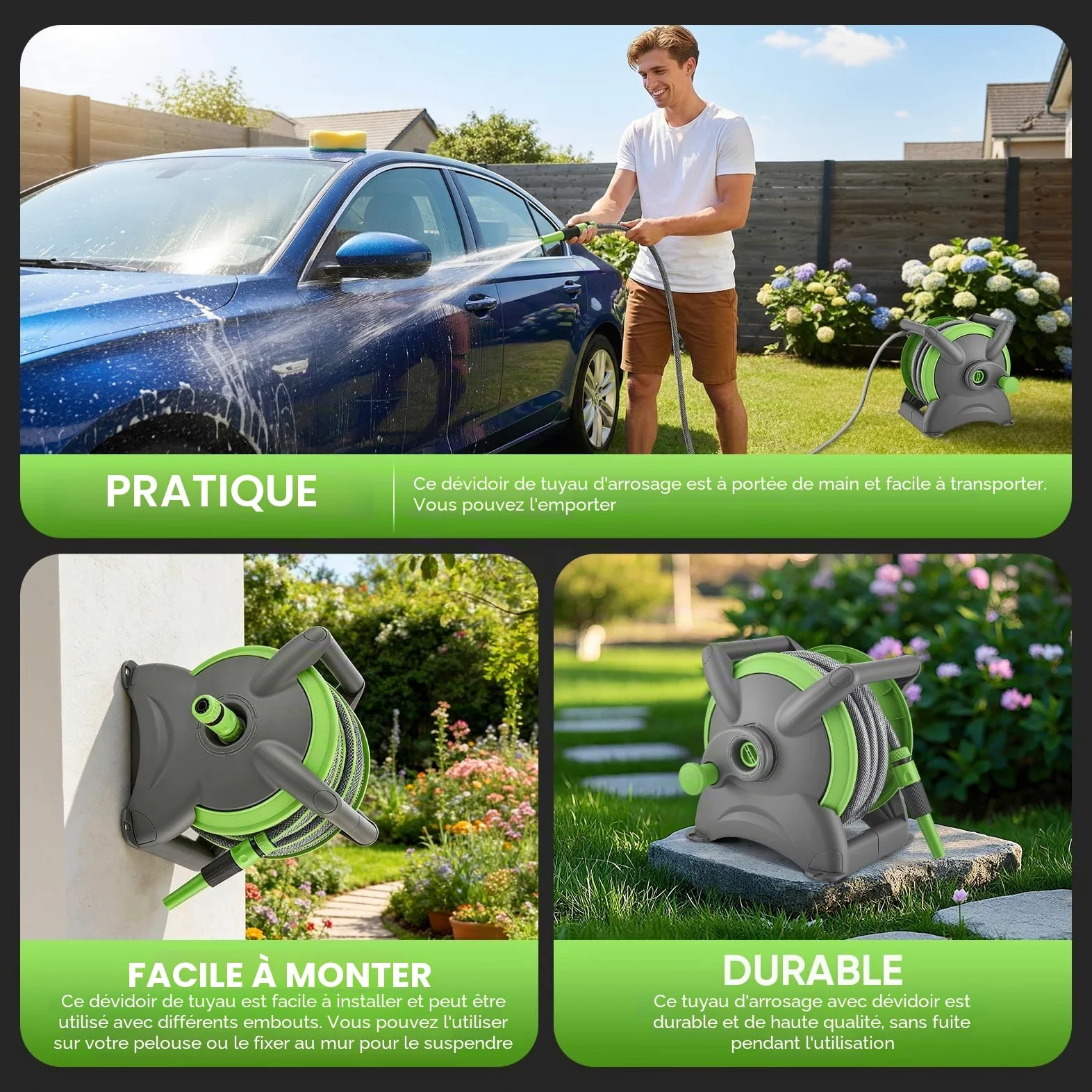 Enrouleur de Tuyau d'arrosage pour Jardin 20M, Tuyau Arrosage avec Enrouleur Mural, avec Support+Poignée-Dévidoir pour Tuyau 180° Dévidoir de Tuyaux d'Eau Buse pour Arroser Pelouse Jardin