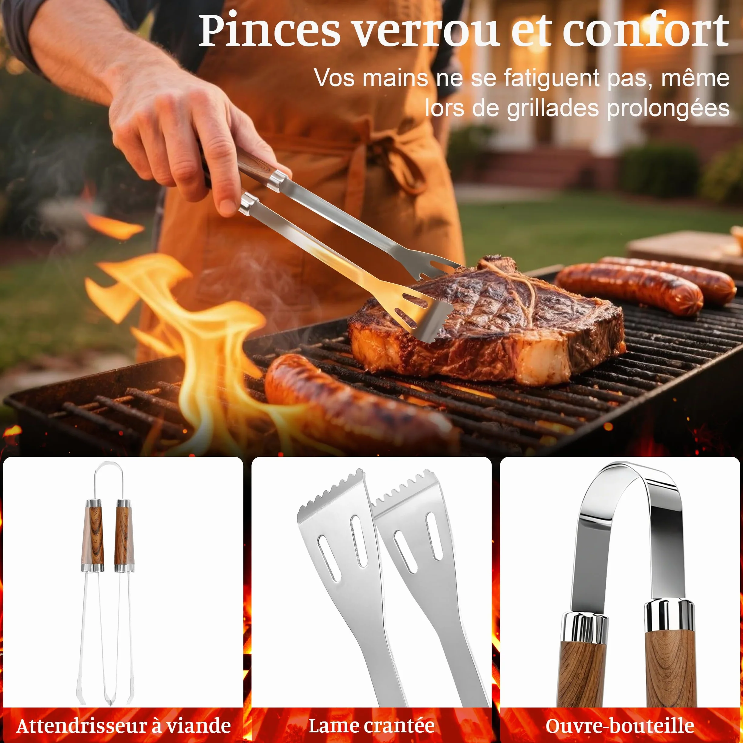 Kit Barbecue Complet 7 Pièces Acier Inoxydable avec Sac de Rangement