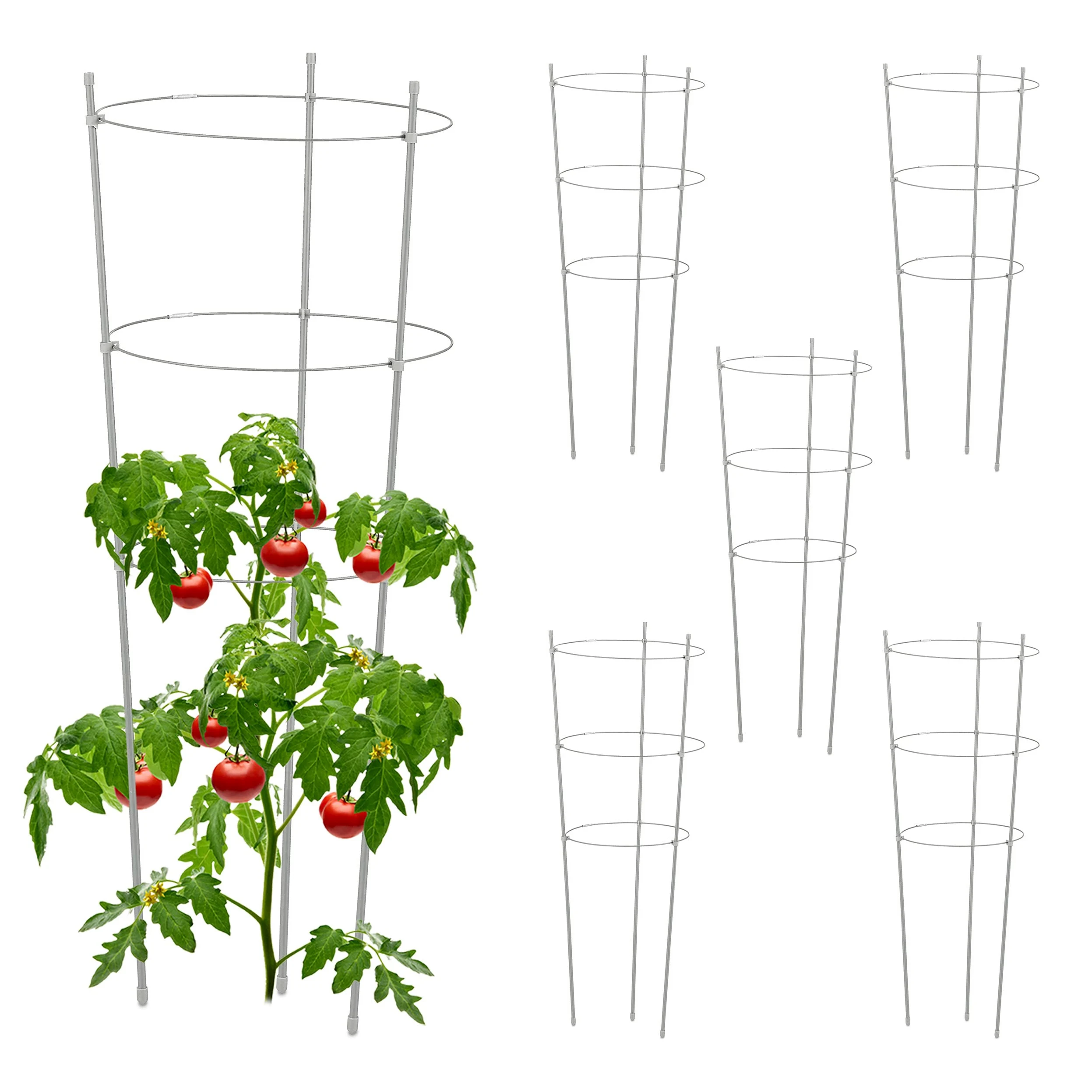 Relaxdays Tuteur à tomates en Lot de 6, métal et Plastique, Hauteur : 76 cm, 3 Anneaux réglables, pour Plantes, Gris
