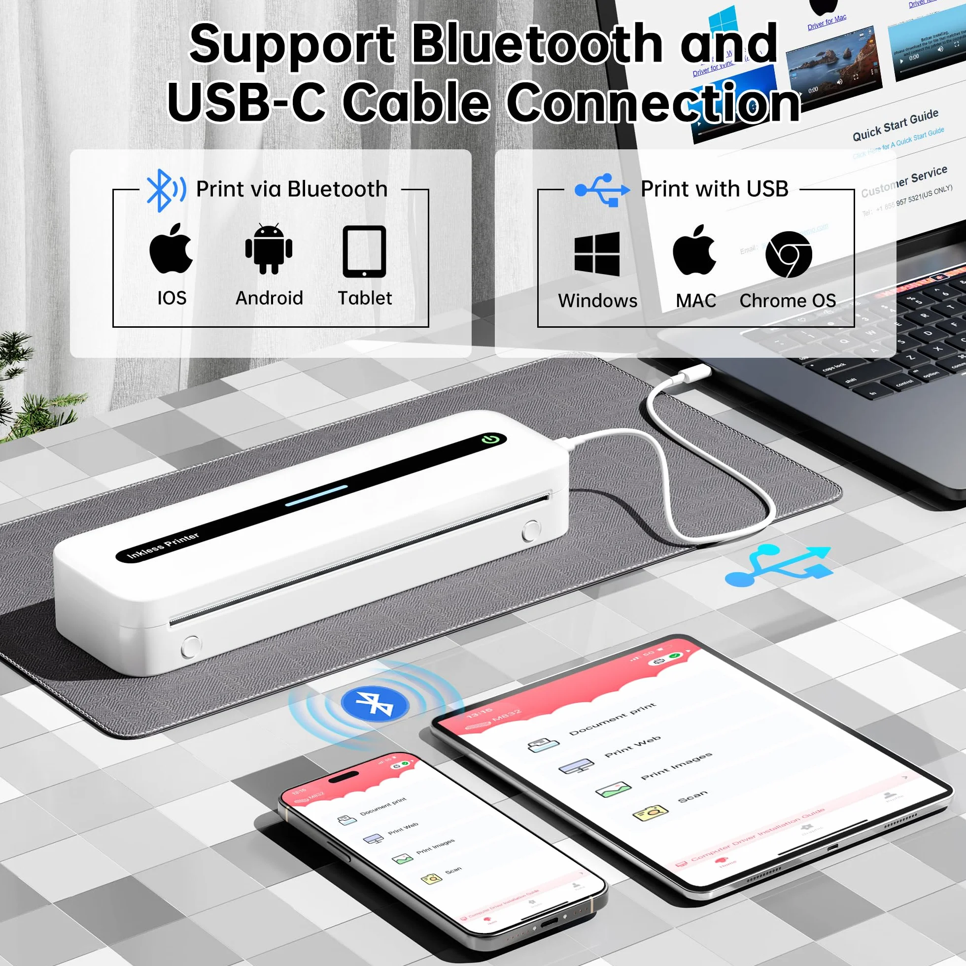 Imprimante Thermique Portable A4 Bluetooth sans Encre, Thermique Compacte Support Papier A4